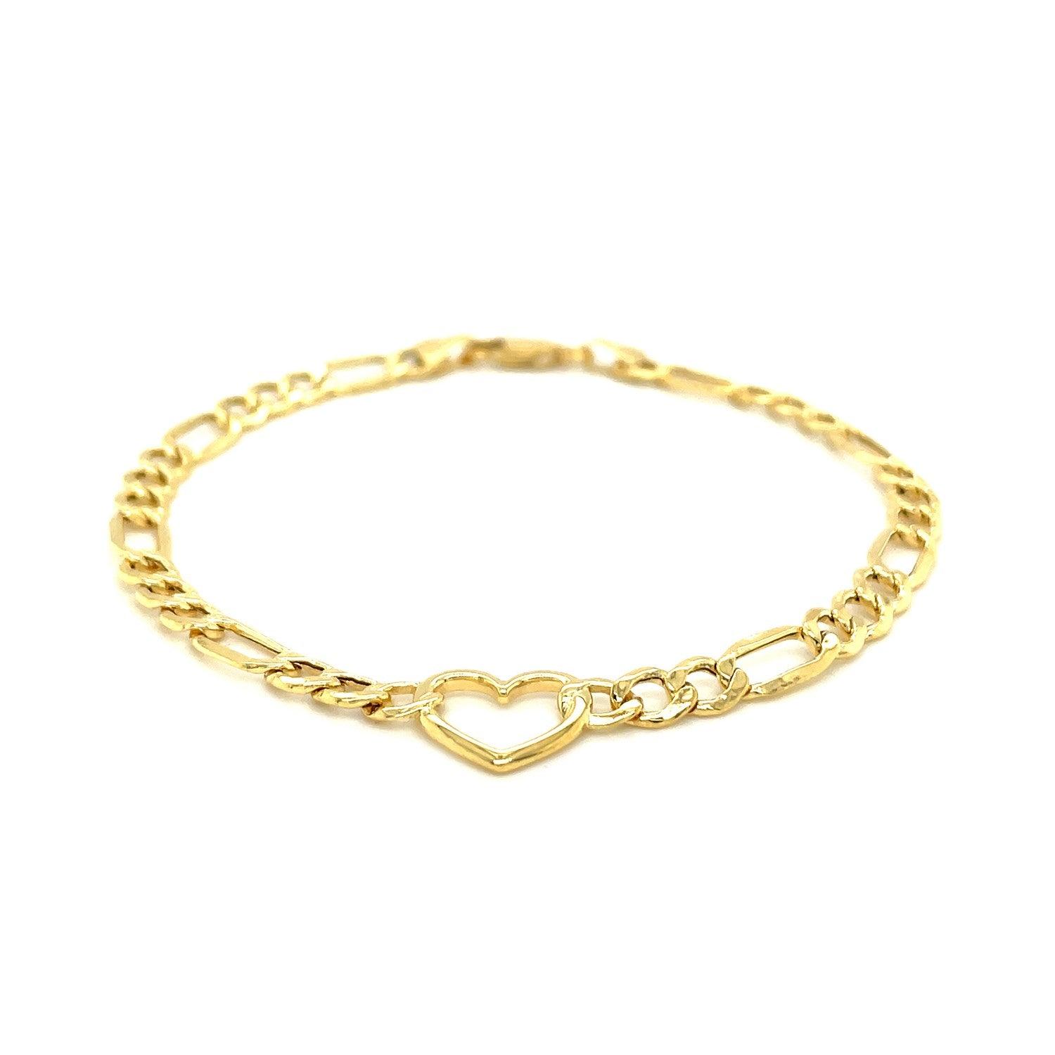 14K Yellow Gold 7 Inch Figaro Chain Bracelet with Heart Charm - Elegant Jewelry for Women, Gift for Her, Valentine's Day, Anniversary, Birthday, Party & Special Occasions