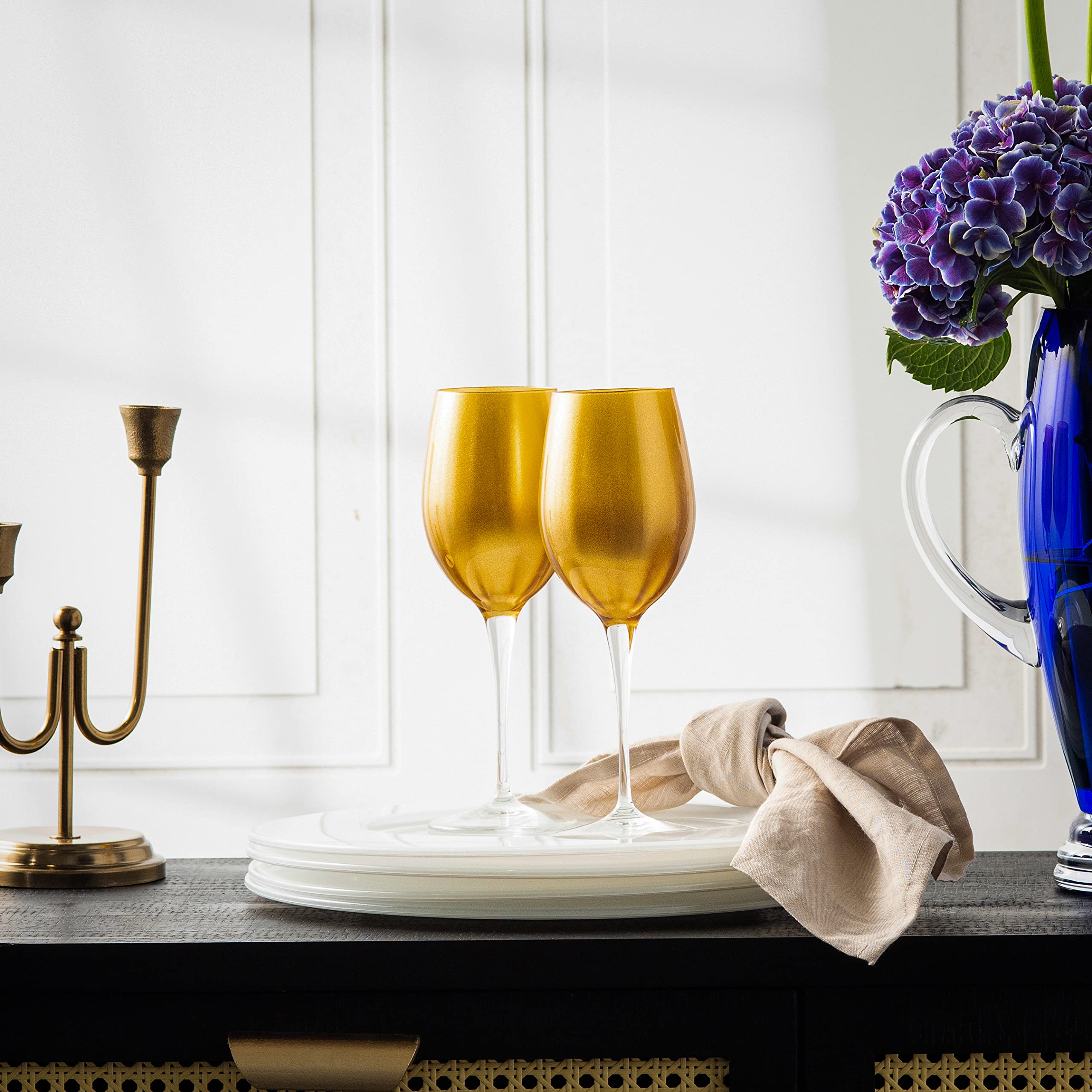 Premium Barksi Goblet Set of 6 - Elegant 14oz White Wine & Water Glasses with Gold Decoration, European Made Stemware for Fine Dining & Special Occasions