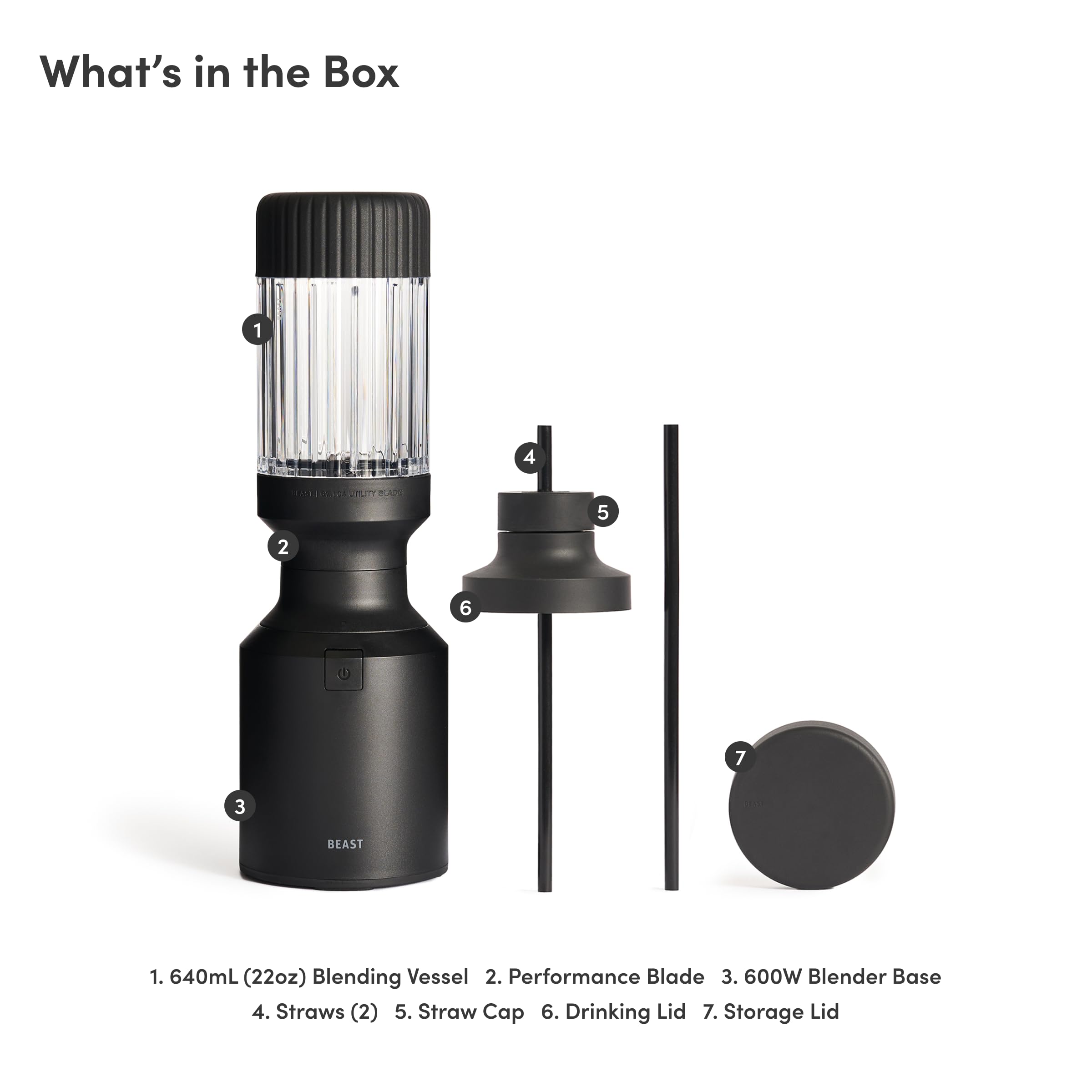 The Beast Mini Blender - 600W Powerful Countertop Blender for Smoothies, Shakes, Sauces & Dips | Compact Kitchen Blender with Straw Cap & Included Straws | Perfect for Small Kitchens, Offices, Dorms & Travel (Carbon Black)