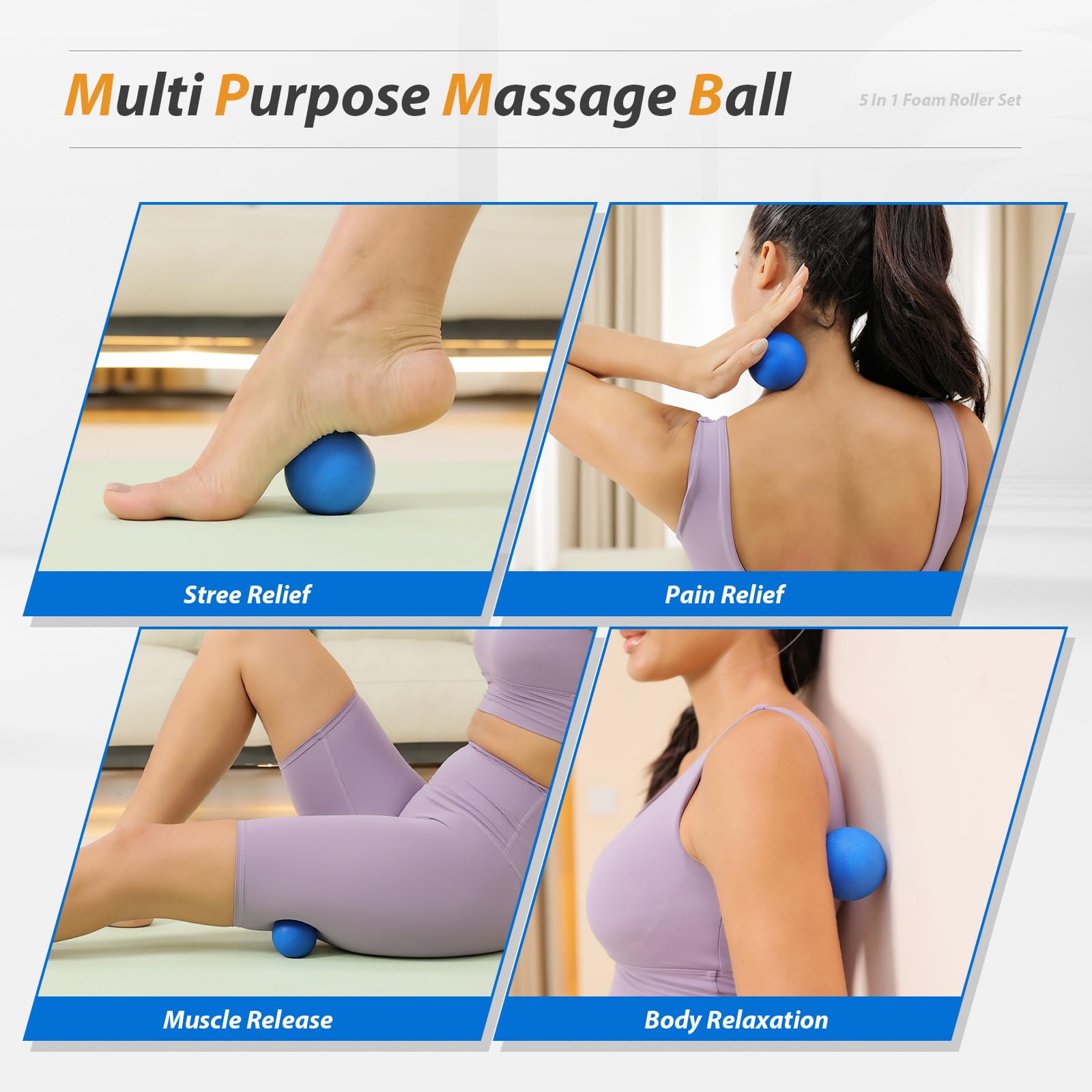 5 in 1 High Density Foam Roller Set with Muscle Roller Stick, Massage Ball, Resistance Bands - Deep Tissue Massage for Yoga, Pilates, Workout Recovery & Trigger Point Release - Perfect for Home Gym, Physical Therapy & Post-Workout Stretching