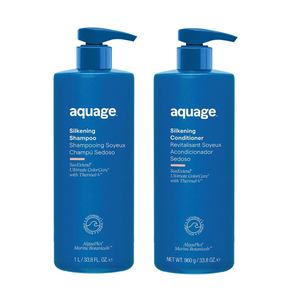 AQUAGE Silkening Shampoo & Conditioner Set - 33.8 Oz Each | Nourishing SeaExtend Formula for Hair Strength & Shine | Professional Salon Quality Hair Care Bundle | Perfect for Dry, Damaged Hair & Daily Hydration