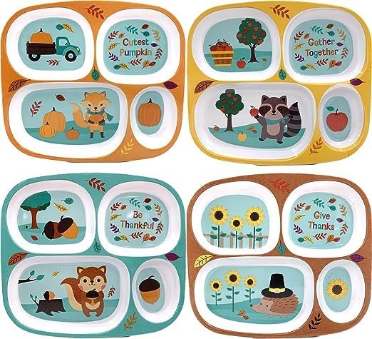 Melamine Kids Plates Set of 4 - Thanksgiving Fall Harvest Designs with 4 Cute Patterns, Durable Unbreakable Dishware for Children - Perfect for Thanksgiving Dinner, Fall Parties, and Everyday Family Meals