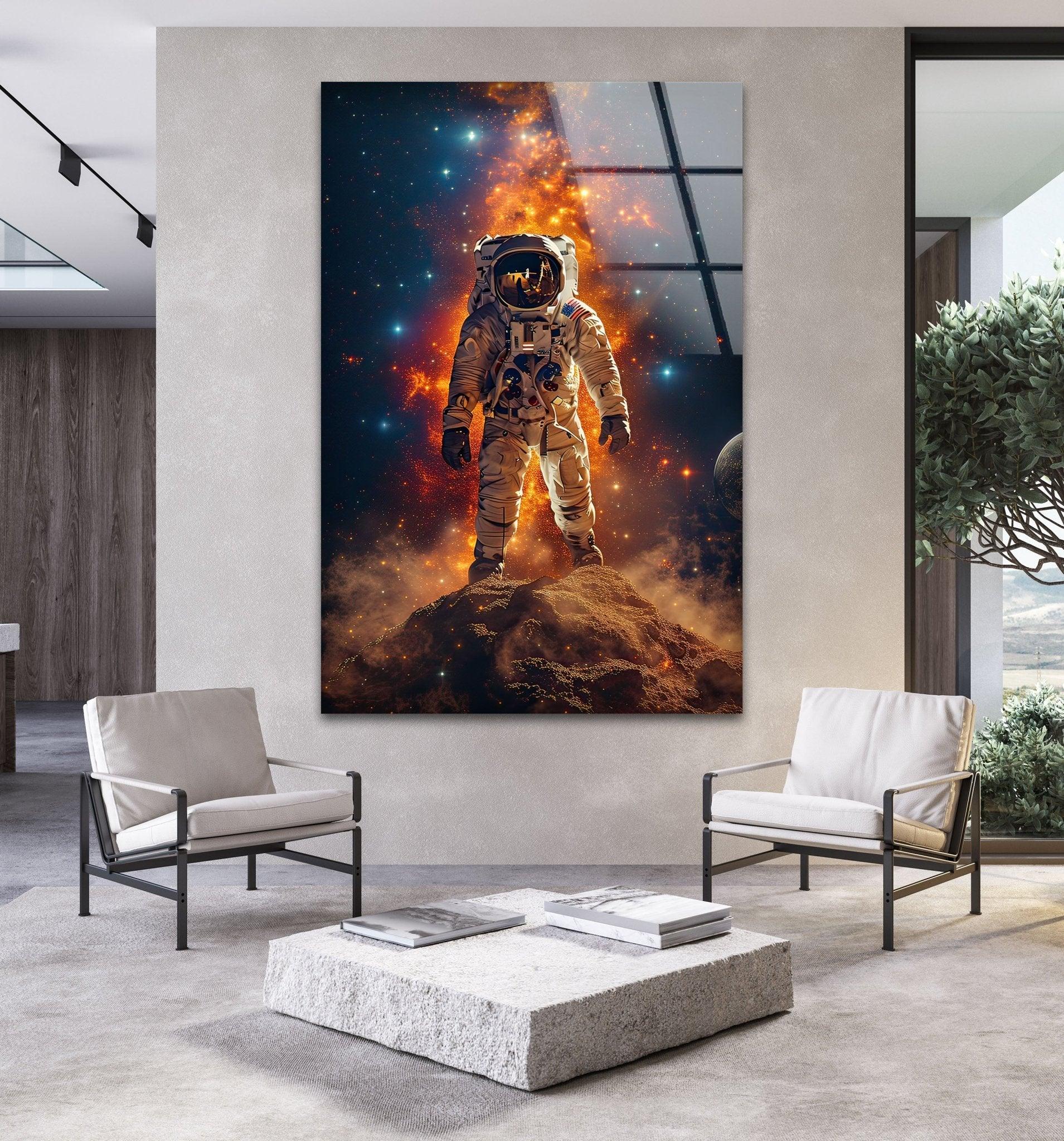 Astronaut on the Moon Glass Wall Art - Space-Themed Home Decor for Living Room, Bedroom & Office - Unique Gift for Astronomy Lovers