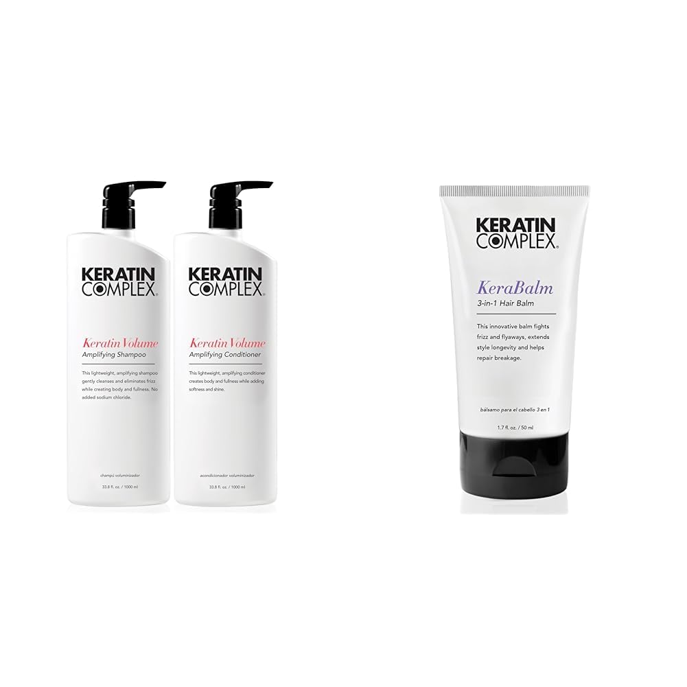Keratin Complex Volume Amplifying Shampoo & Conditioner Set (33.8 fl oz Each) + Kerabalm 3-in-1 Hair Balm (1.7 oz) - Sulfate Free Hair Care for Thicker, Fuller Hair - Perfect for Daily Use & Salon-Quality Results at Home