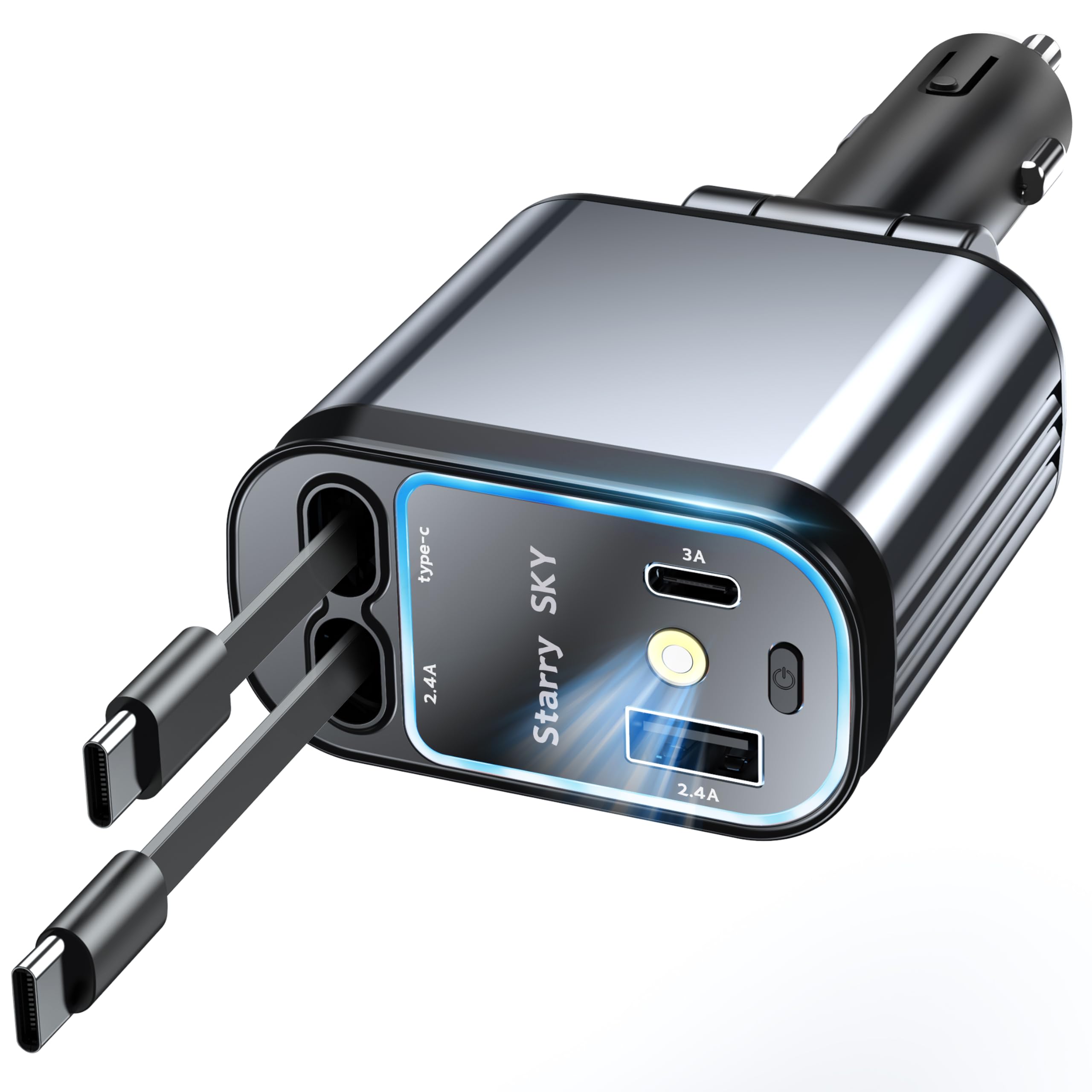 69W Fast Car Charger 4-in-1 with Starry Light - USB-C & Dual Cord - for iPhone 15/16 & Android - Perfect for Road Trips