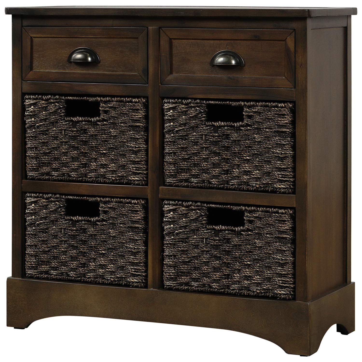 Teeker Rustic Wood Storage Cabinet with 2 Drawers & 4 Fabric Baskets - Kitchen Pantry Organizer, Entryway Shoe Storage, Living Room Accent Furniture in Dark Brown | Farmhouse Style Home Decor for Dining Room & Hallway