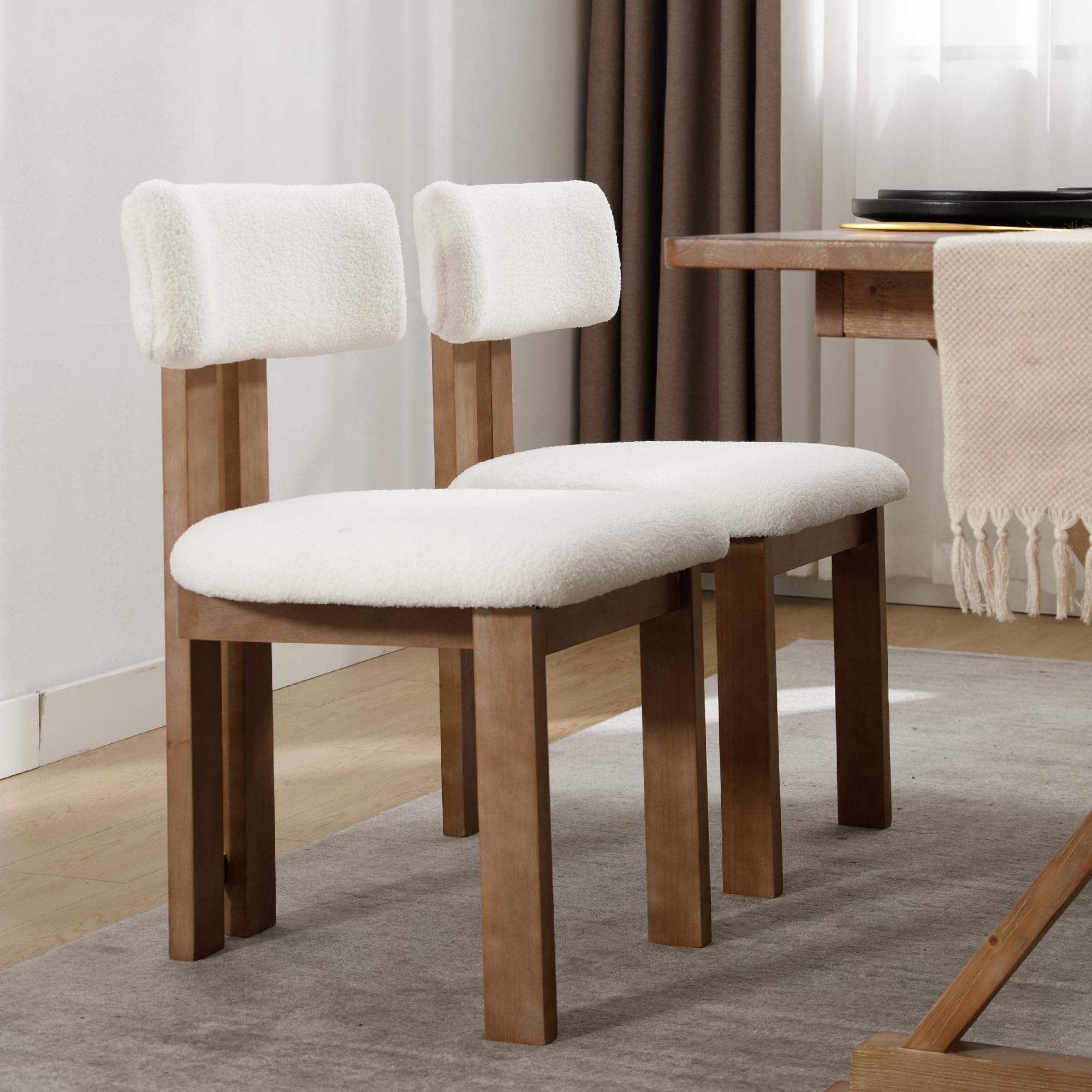 Boucle Dining Chairs Set of 2 - Farmhouse Fabric Kitchen Chairs with Natural Hardwood Legs, Armless Upholstered Accent Chairs for Dining Room, Living Room & Office - White Modern Home Decor
