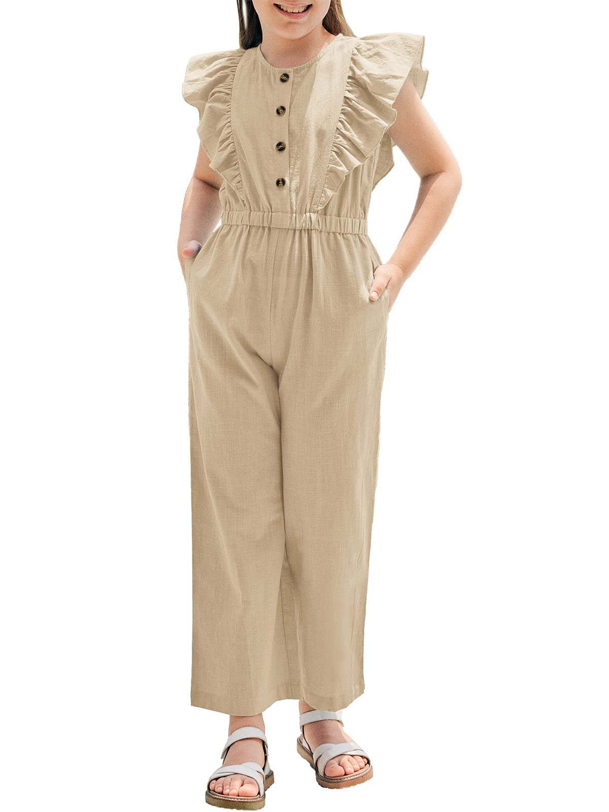 GAMISOTE Girls Wide Leg Jumpsuit - Cotton Sleeveless Button Up Romper with Ruffle Detail | Playdate Outfit, Summer Casual Wear, Photoshoot Fashion