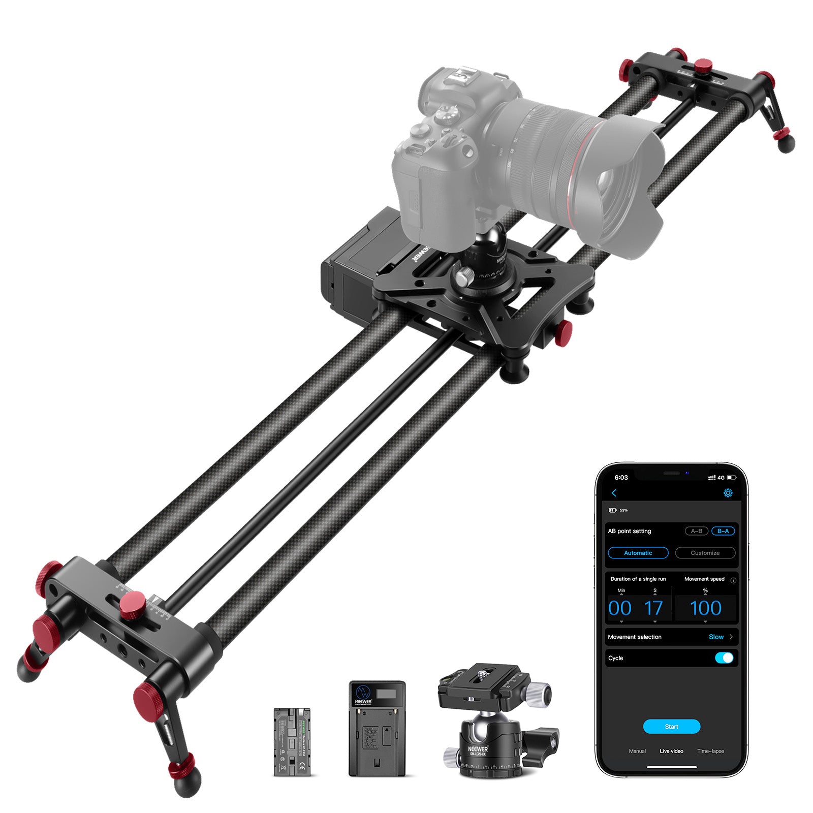 NEEWER ER1 Motorized Carbon Fiber Camera Slider for DSLR & Mirrorless - Professional Video & Time-Lapse Photography - Smooth & Silent Motorized Slider for Studio, Wedding, and Travel Filmmaking