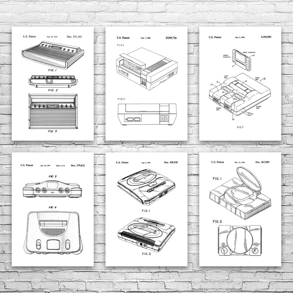 6-Pack Patent Earth Video Game Console Posters - 12x16 Inch Black & White Arcade Wall Art for Gamers, Game Room Decor & Collector Gifts - Perfect for Gaming Dens, Man Caves & Retro Themed Parties