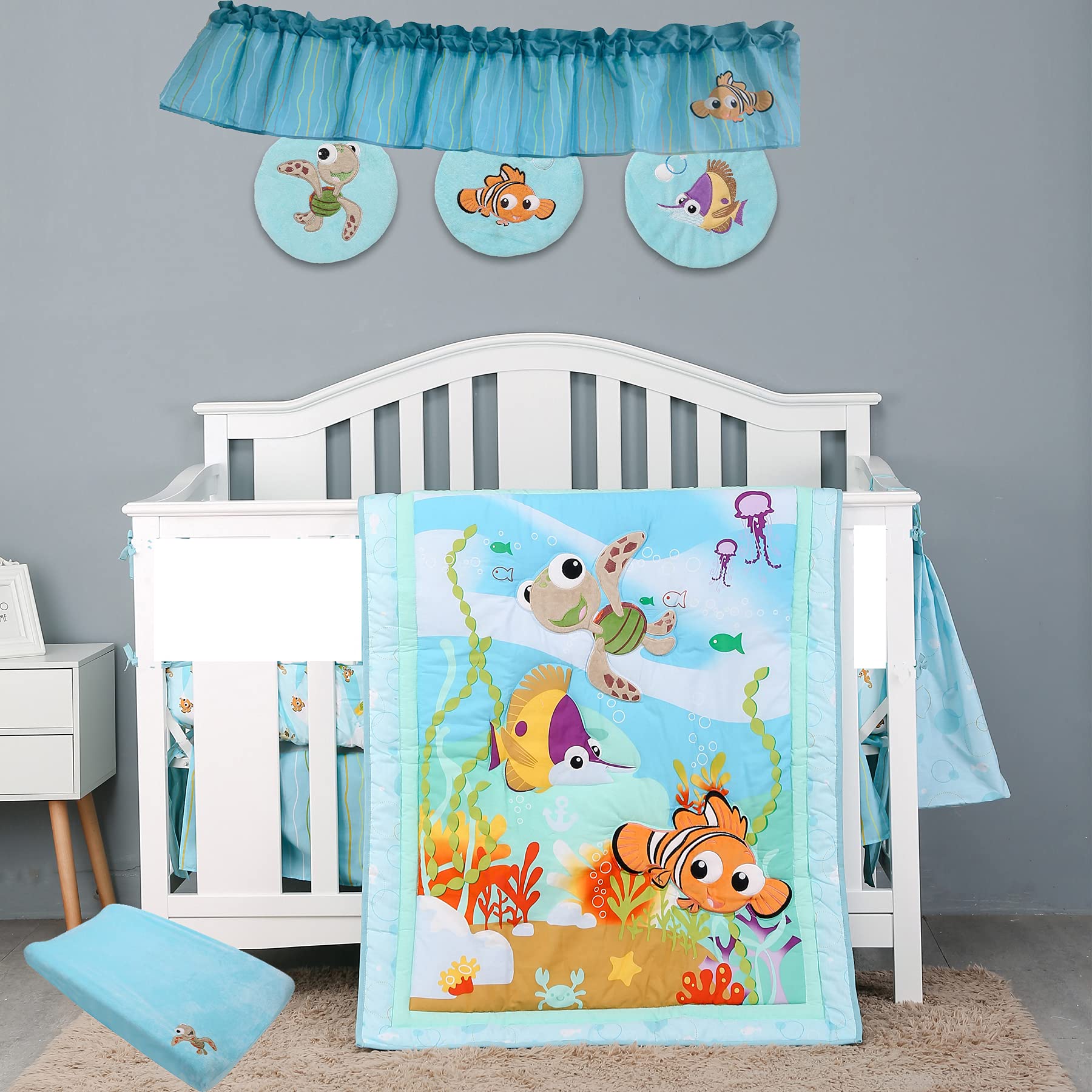 9-Piece Blue Ocean Themed Baby Crib Bedding Set - Embroidery Quilt, Fitted Sheet, Dust Ruffle, Diaper Storage Bag, Window Valance & Wall Decor - Complete Nursery Set for Boys & Girls | Perfect for Newborns, Baby Showers & Coastal Nursery Themes