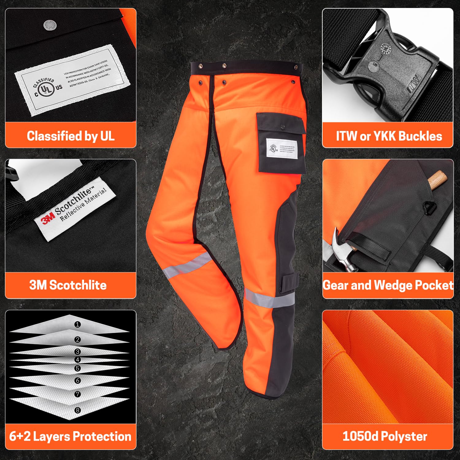 YARDMARIS 8-Layer Protective Chainsaw Chaps - Orange Hi-Vis Safety Apron with Pocket for Chainsaw Operators (Medium) - Ideal for Tree Cutting, Logging & Woodworking Safety Gear