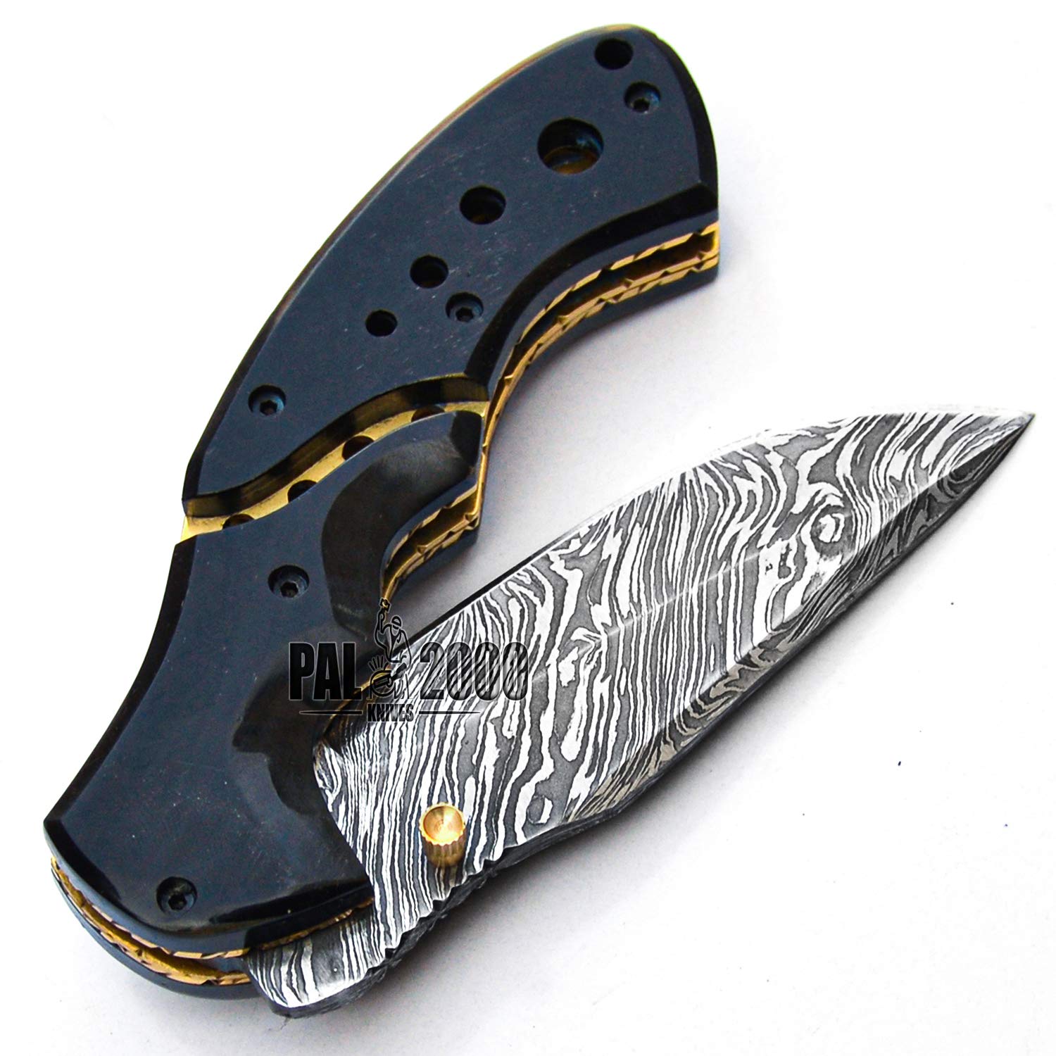 Handmade Damascus Steel 8 Inch Folding Pocket Knife - Horn Handle with Sheath | Hunting, Camping & Outdoor Survival Tool | PAL 2000 KNIVES POC-9844
