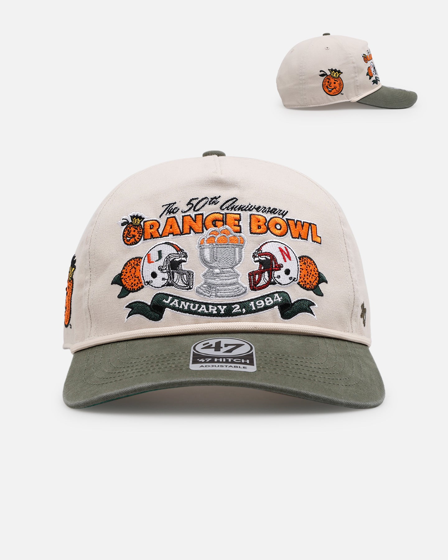 47 Brand Nebraska Cornhuskers vs. Miami Hurricanes Vintage Snapback Hat - 1984 Orange Bowl Throwback Cap, Adjustable Hitch Closure, Bone Color - Perfect for Game Day, Sports Collectibles & Retro Fashion