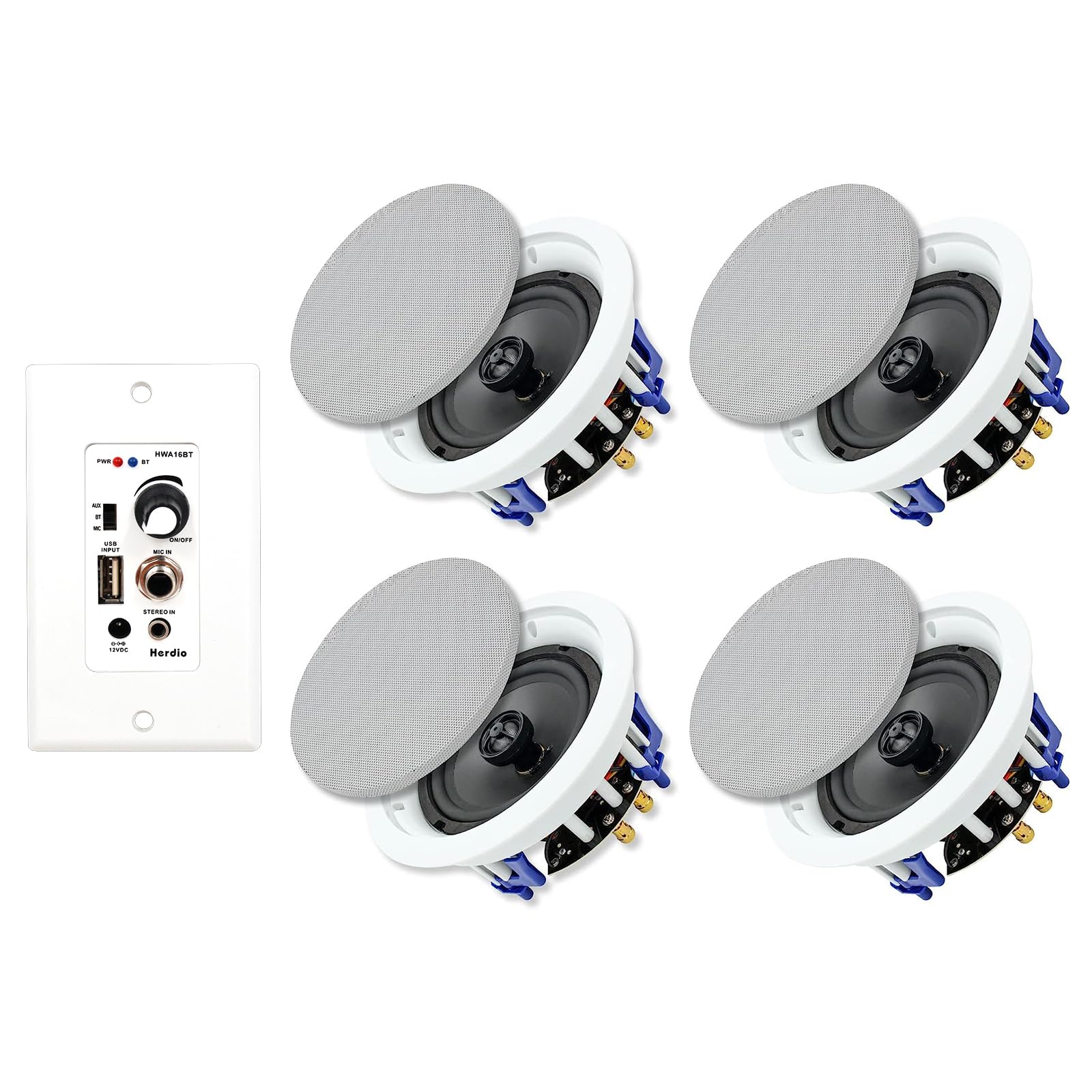 Herdio 5.25 Inch Bluetooth Ceiling Speakers - 600W Max Power, 2-Way Flush Mount & Wall Mount - Compatible with Amplifier Receiver - Perfect for Home Theater, Bathroom, Living Room, Kitchen, Office (Set of 4 Speakers) - Enjoy Wireless Music Streaming for Parties, Background Music & Multi-Room Audio