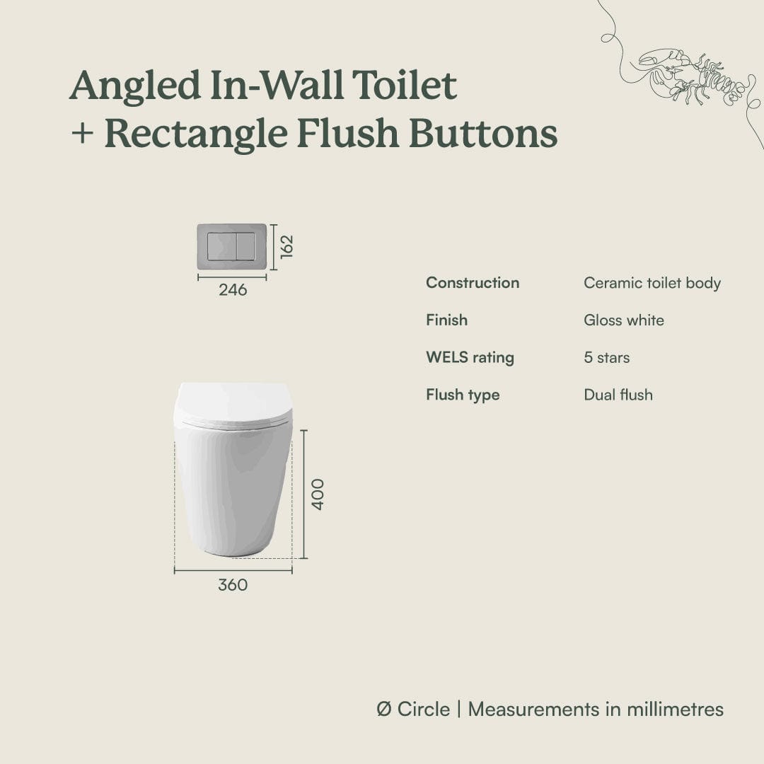 Angled In-Wall Toilet with Rectangle Brushed Brass Buttons - Modern Space-Saving Bathroom Solution for Small Spaces & Luxury Homes