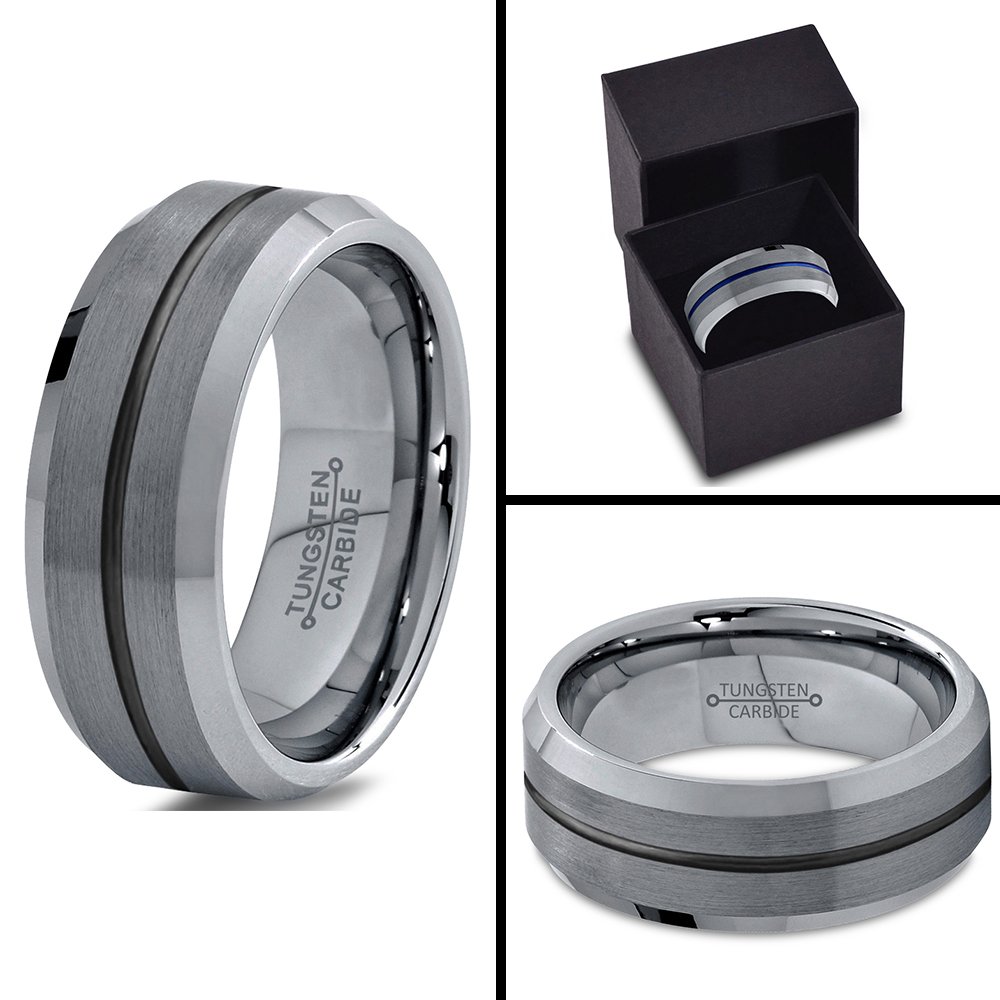Tungsten Carbide Wedding Band Ring 8mm - Blue Black Center Line with Beveled Edge for Men & Women | Brushed & Polished Finish | Custom Engraving for Anniversary & Engagement | Perfect for Everyday Wear & Special Occasions