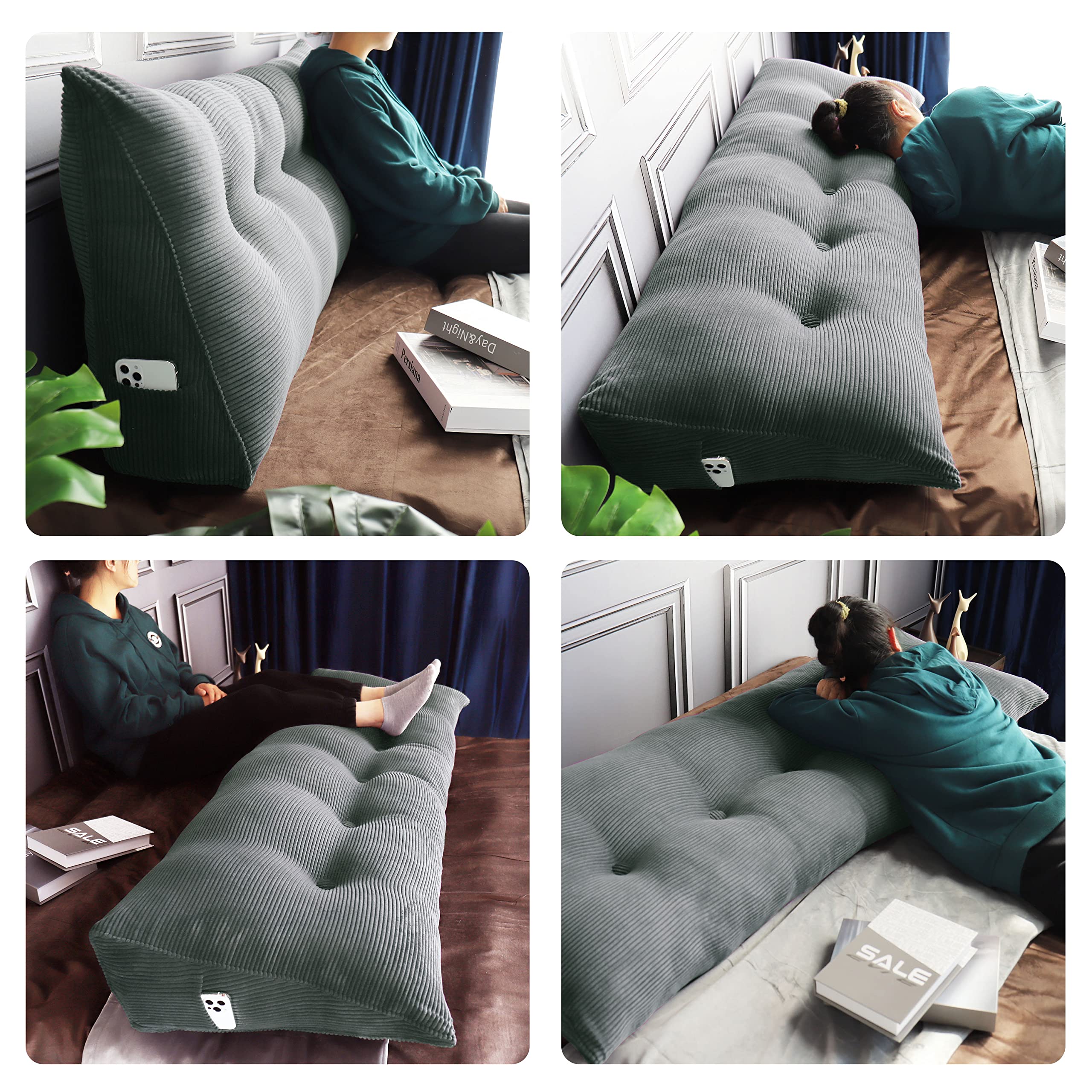WOWMAX Wedge Body Pillow for Reading & Bedrest - Large Lumbar Support Cushion with Removable Corduroy Cover (Grey, 59x8x20 Inch) - Perfect for Daybeds, Sofas & Back Pain Relief