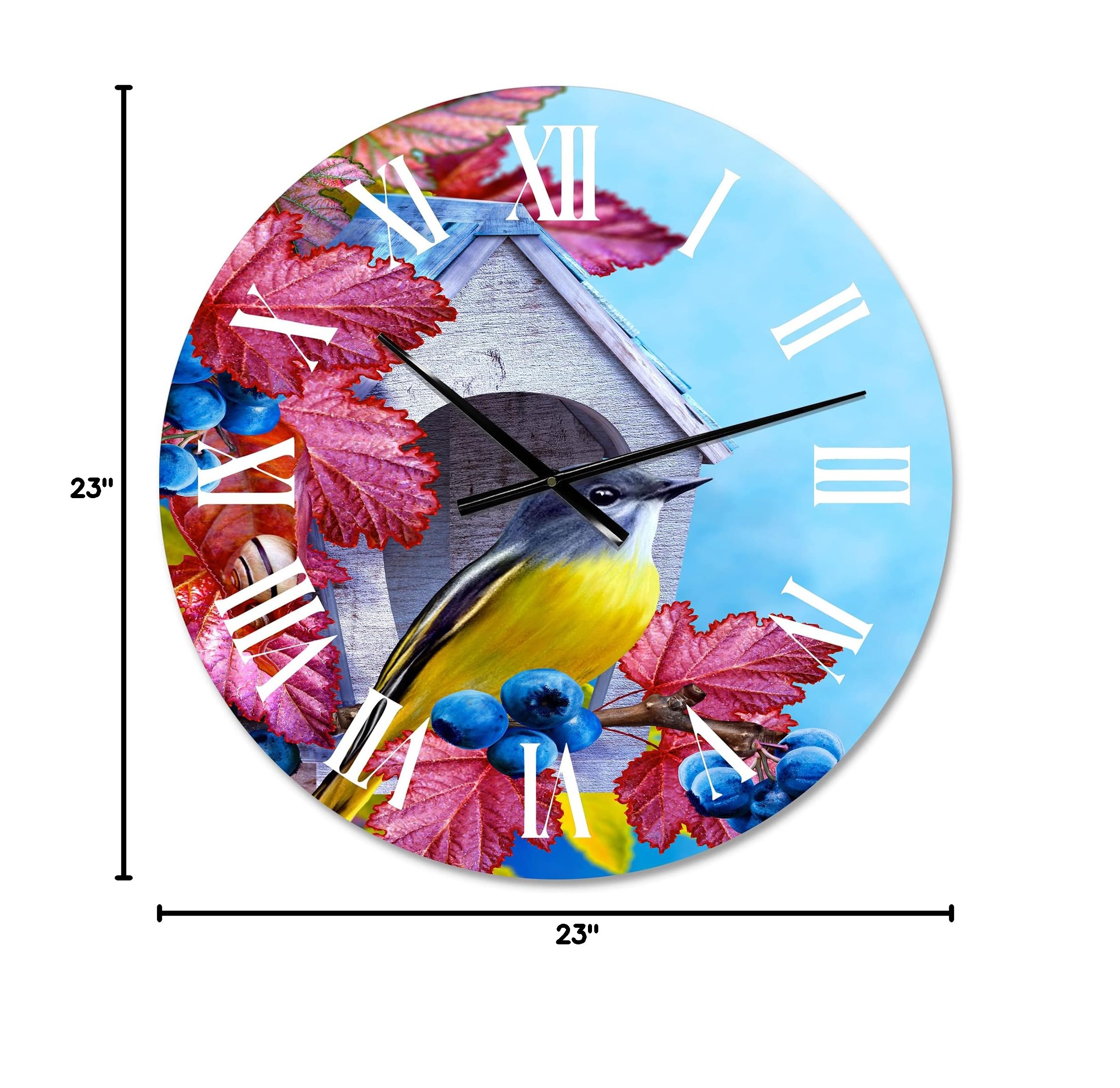 DesignQ Traditional Wall Clock - Titmouse Bird on Branch Near Birdhouse, Large Decorative Clock for Living Room, Bedroom & Office