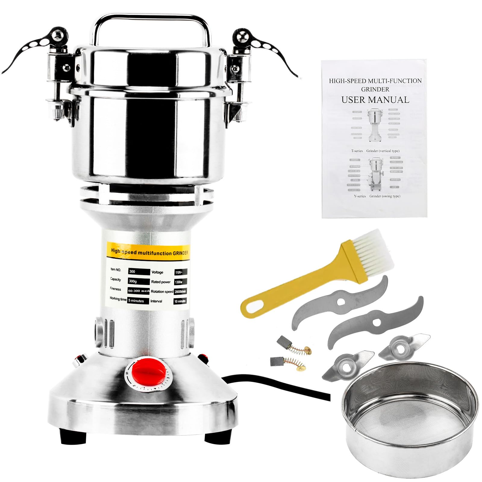 High Speed 300g Electric Grain Mill Grinder - 1300W Commercial Stainless Steel Powder Machine for Spices, Herbs, Pepper & Coffee - 70-300 Mesh, 28000 RPM - Perfect for Home Kitchens, Bakeries & Coffee Shops