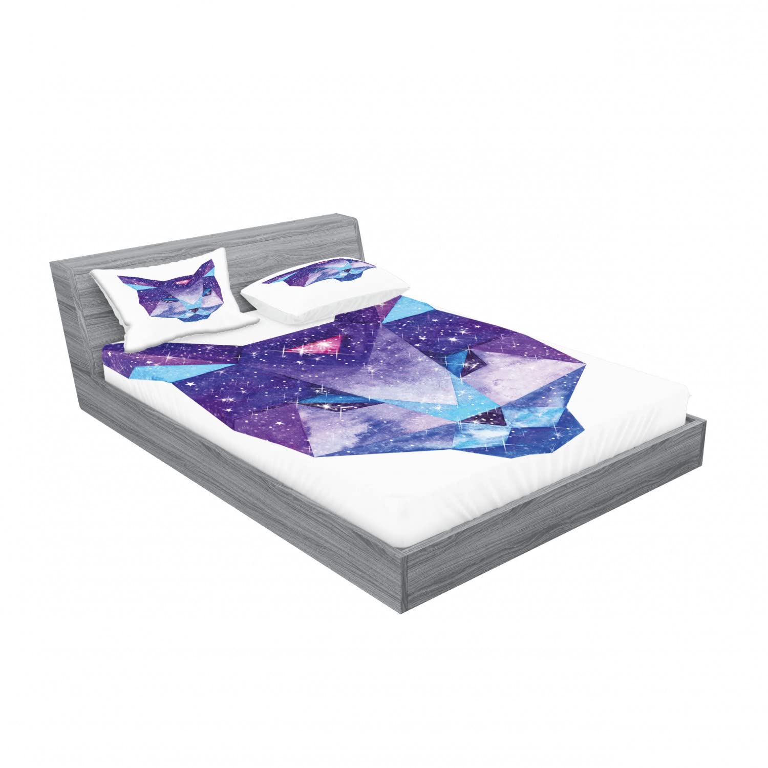 Ambesonne Space Cat 2-Piece Queen Fitted Sheet Set with 4 Pillow Shams - Starry Galaxy Cat Pattern Bedding in Sky Blue & Purple - Perfect for Kids Room, Dorm Decor or Space Themed Bedroom