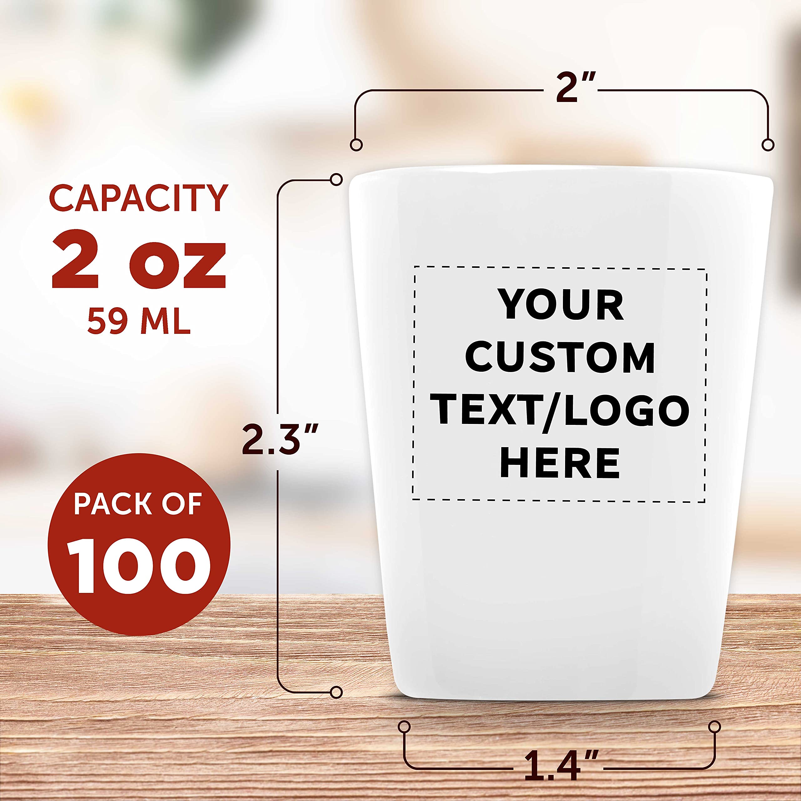 100-Pack Customizable 2 oz Ceramic Shot Glasses with Glossy Finish - Personalized Text & Logo - Barware & Drinkware for Parties, Weddings, and Events - White