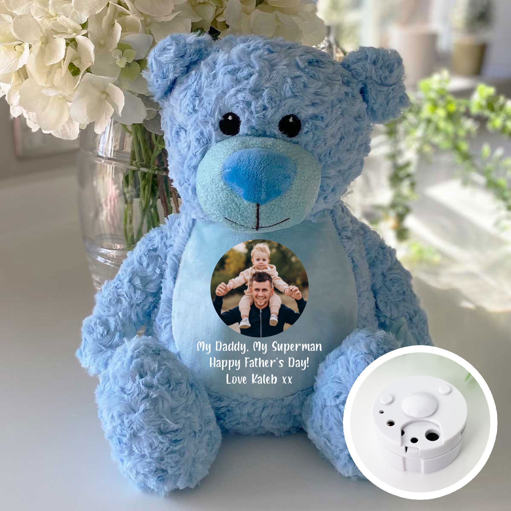 Personalized Photo & Voice Recording Memory Keepsake Bear - Blue | Custom Gift for Baby Shower, Birthday, Anniversary & Memorial Keepsakes