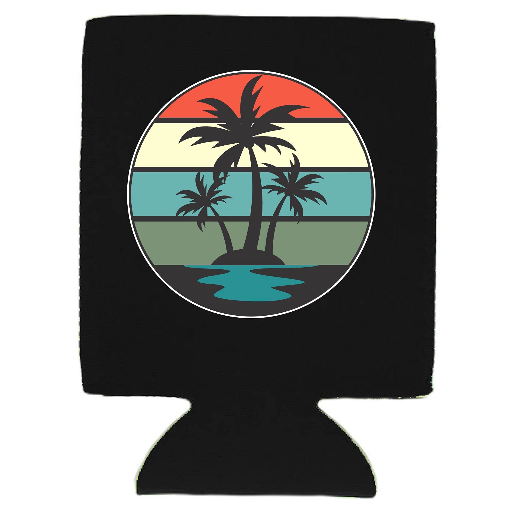 Retro Collapsible Can Coolie with Palm Tree Design - 12 oz Insulated Sleeve for Beer, Soda & Beverages - Perfect for Beach, Pool Parties & BBQs (Black, 1-Pack)