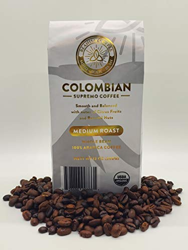 Organic Colombian Supremo Coffee Beans - Medium Roast Whole Bean Coffee - 12oz Bag by Beanism Coffee - Perfect for Home Brewing, Office & Gifts