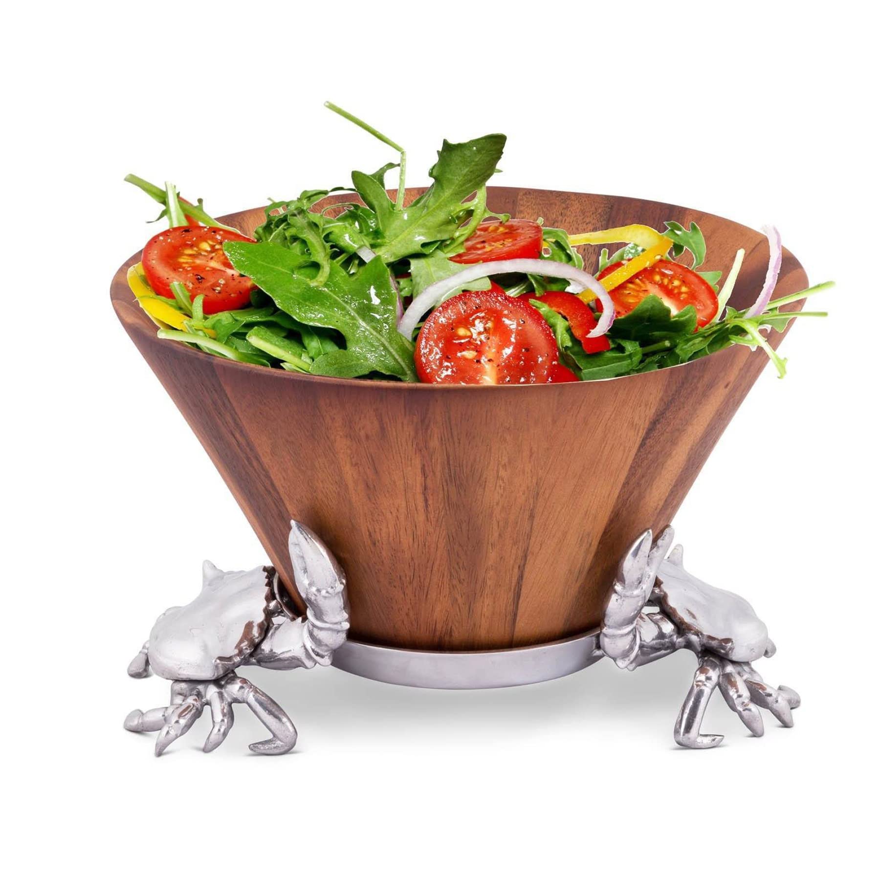 Arthur Court Designs Acacia Wood Salad Bowl with Aluminum Crab Stand - 12 Inch Diameter x 7 Inch Tall - Perfect for Seafood Dishes, Dinner Parties & Coastal-Themed Decor