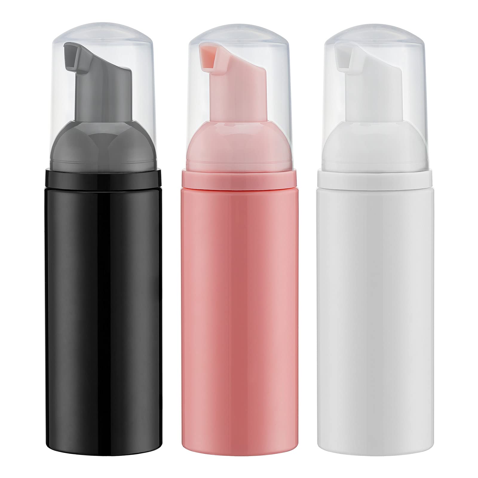 Tekson 3 Pack Empty 2oz Foam Soap Bottles with Pump - Travel Foaming Lash Shampoo Dispenser for Cleanser (Black, White, Pink) - Perfect for Travel, Bathroom Organization & Refillable Toiletry Bottles