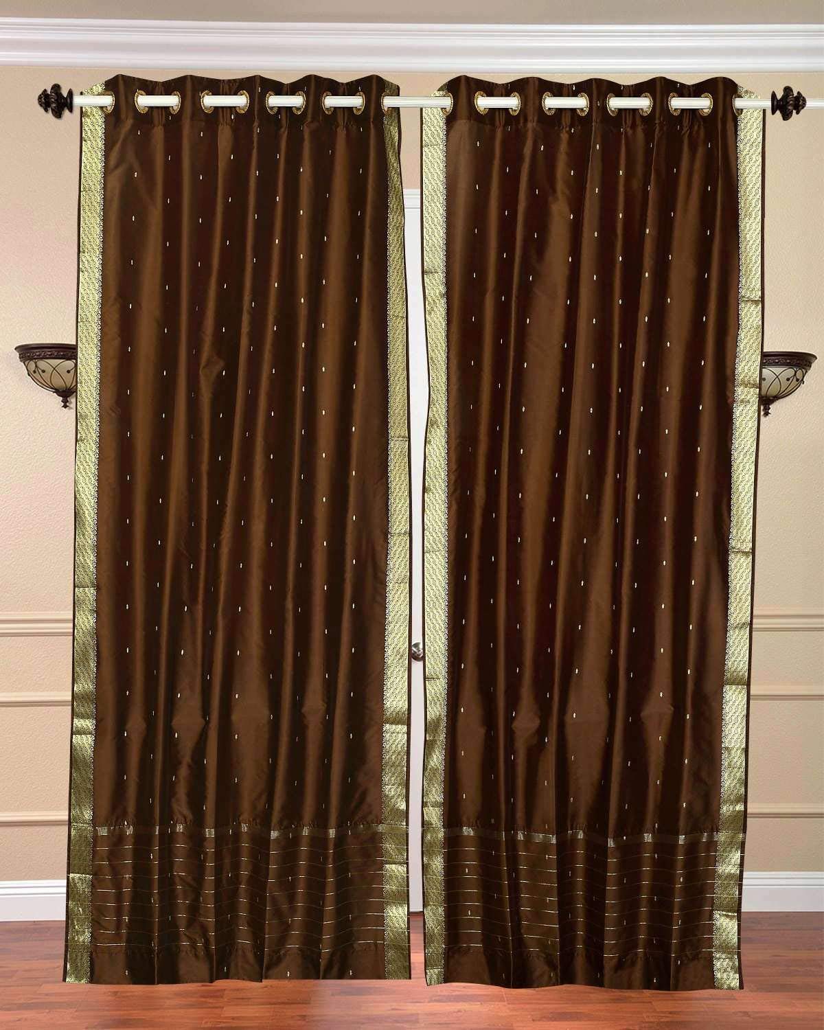 Indian Selections Brown Sheer Sari Curtains with Grommet Top - 43 Inch Wide x 96 Inch Long - Lined Window Drapes Pair for Living Room, Bedroom & Home Decor
