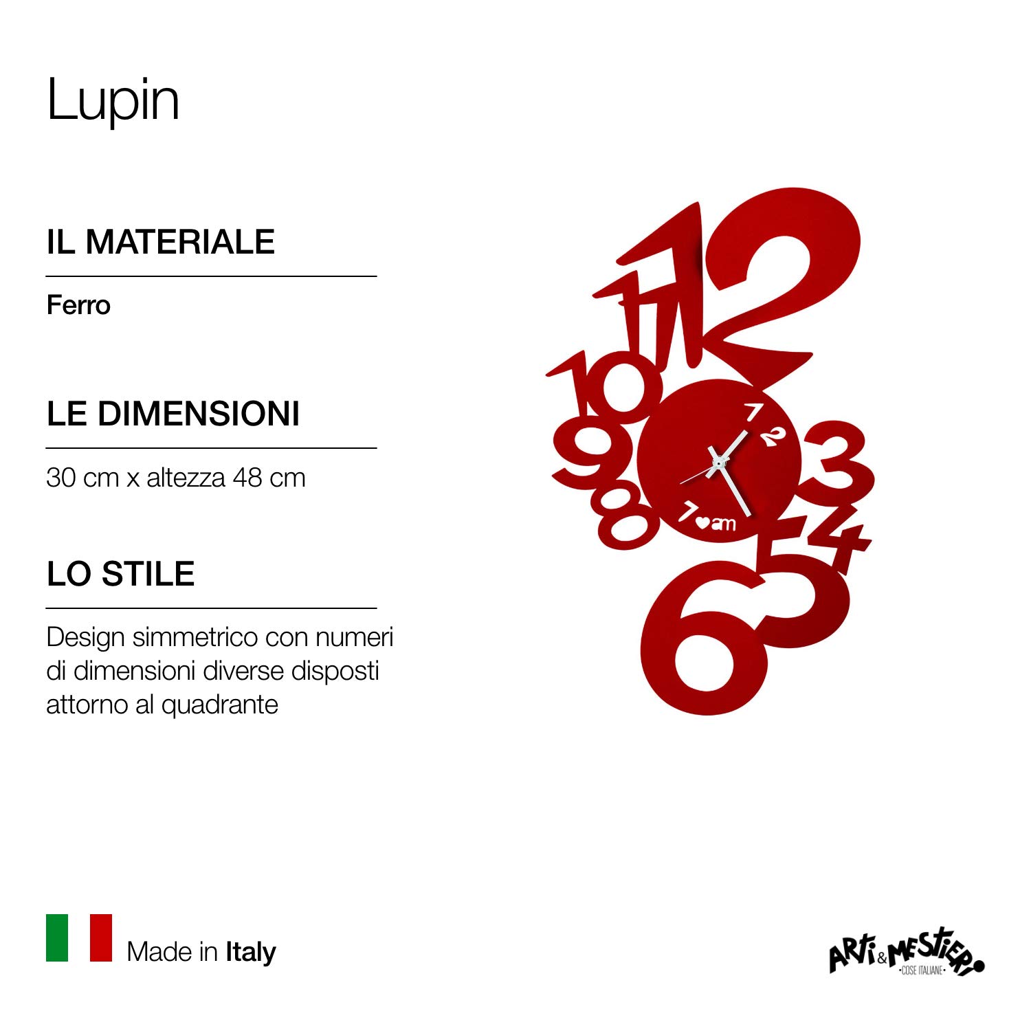 Lupin Design Wall Clock - 100% Made in Italy, Handcrafted Iron Wall Clock, 30 x 48 cm, Red - Perfect for Living Room, Bedroom & Office Decor