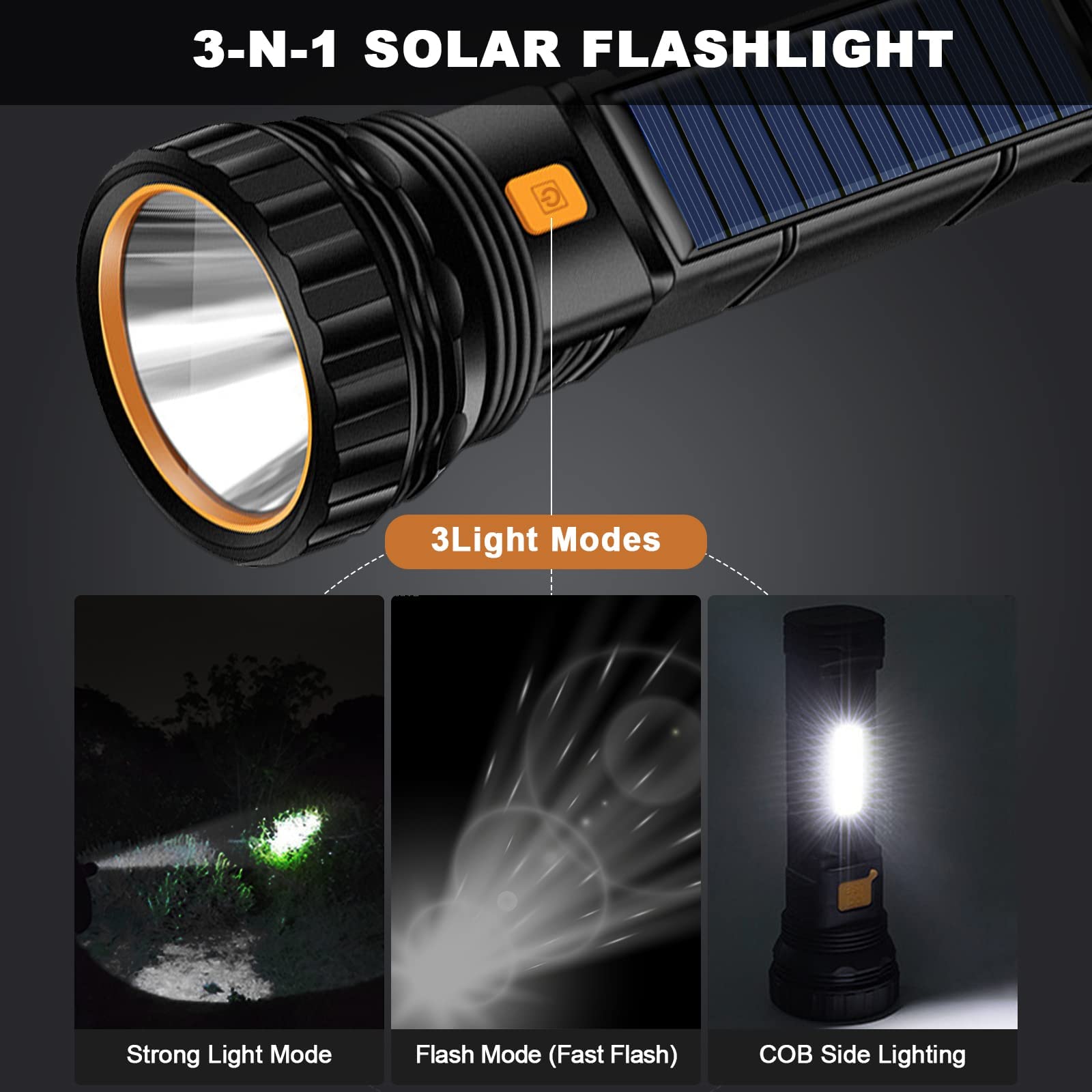 **1000 Lumens Solar/Rechargeable LED Flashlight with Emergency Strobe Light, 1200mAh Battery & USB Charging Cable – Fast Charging, Portable Power Supply for Camping, Hiking & Emergency Preparedness**
