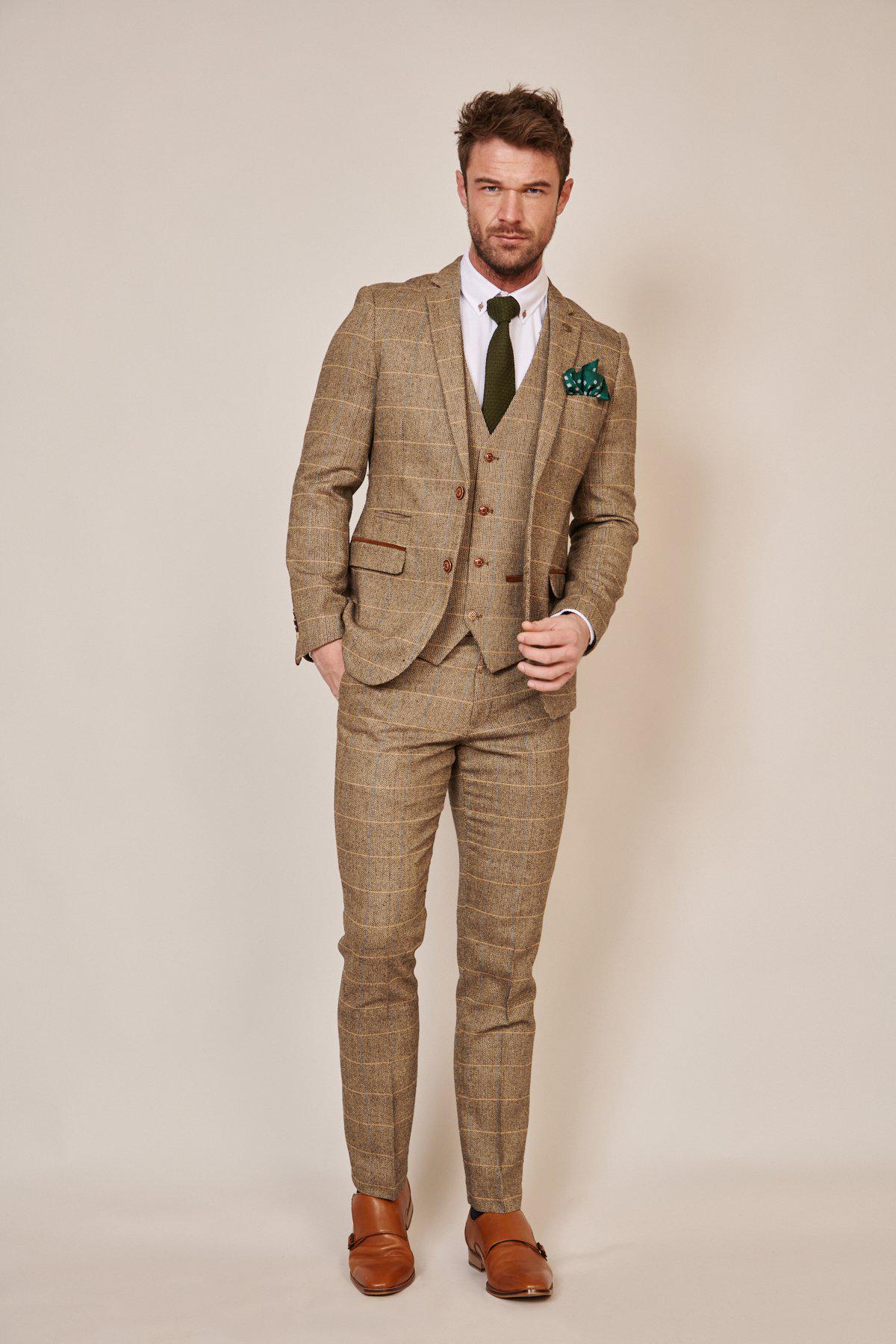 Elegant TED Tan Tweed Suit with Dion Waistcoat - Premium Men's Formal Attire for Weddings, Business Meetings & Special Occasions