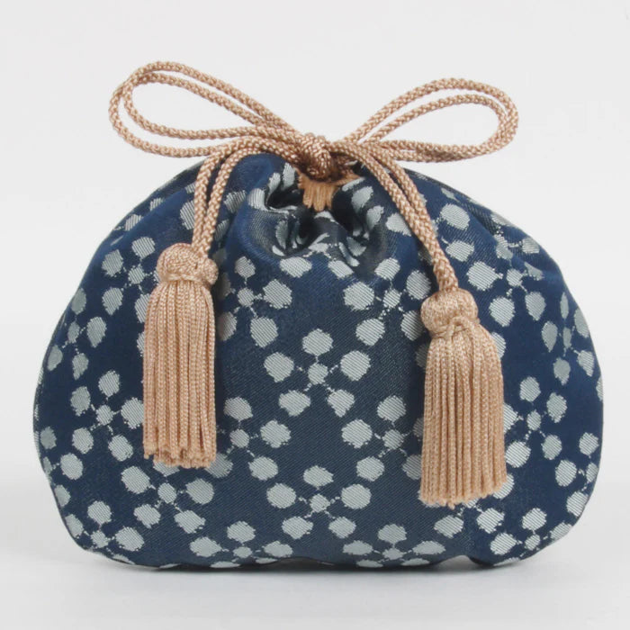 Nishijin Woven Small Drawstring Bag - Plum Blossom Navy Blue Japanese Traditional Craft Purse | Handmade in Kyoto Japan | Perfect for Gift, Jewelry Storage & Cultural Fashion Accessory