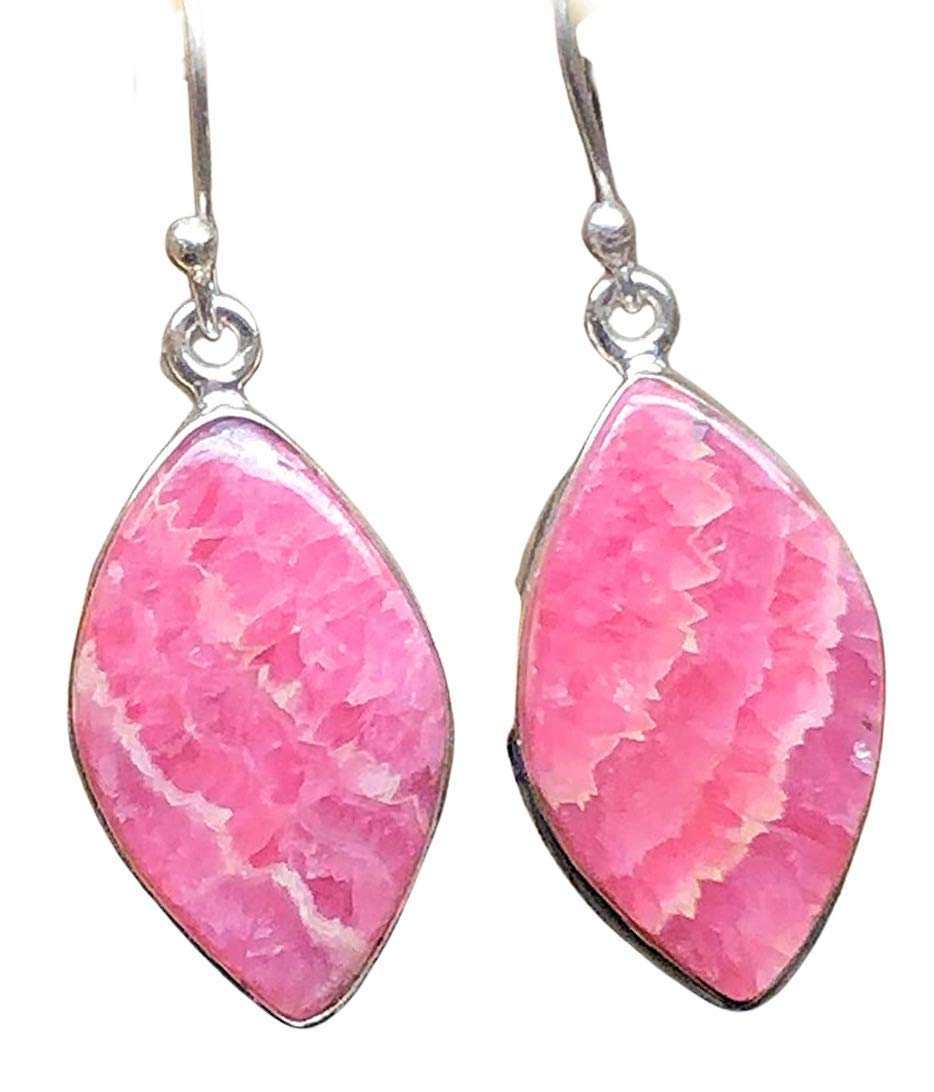Natural Pink Rhodochrosite 925 Sterling Silver Earrings - 35mm Dangle Earrings for Women, Handmade Gemstone Jewelry Gift for Her - Perfect for Weddings, Parties & Special Occasions