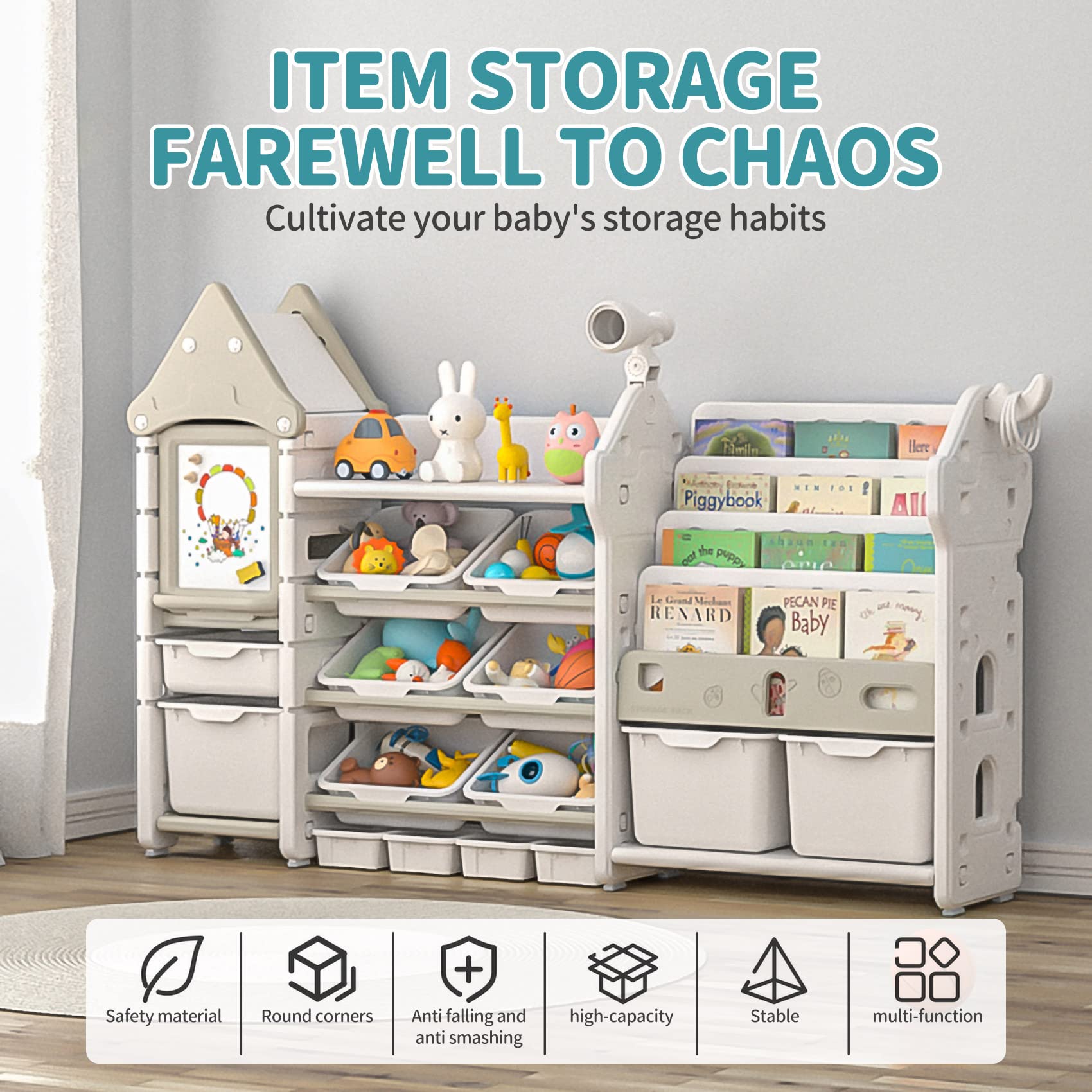 UNICOO Kids Toy Storage Organizer & Bookshelf with Bins - Multifunctional Toy Shelf Organizer for Playroom, Nursery, Bedroom - Perfect for Organizing Toys, Books, and Kids' Room Decor