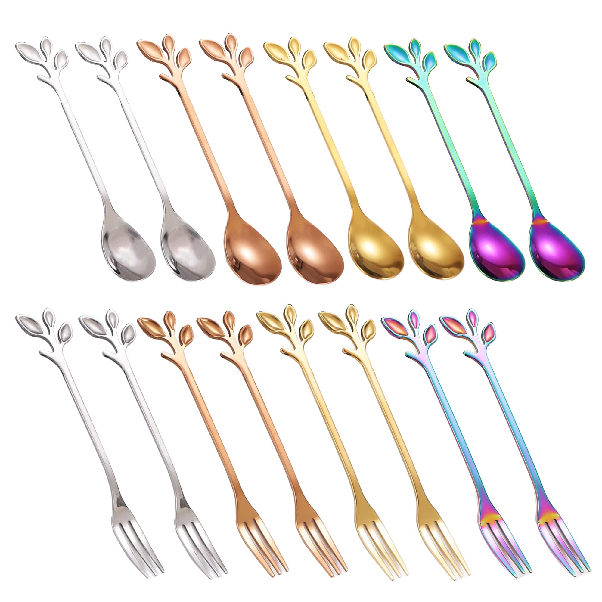 Anller 16-Piece Stainless Steel Coffee Spoons & Dessert Forks Set - 8 Spoons & 8 Forks in Multicolor - Perfect for Coffee Shops, Dessert Parties, and Home Entertaining