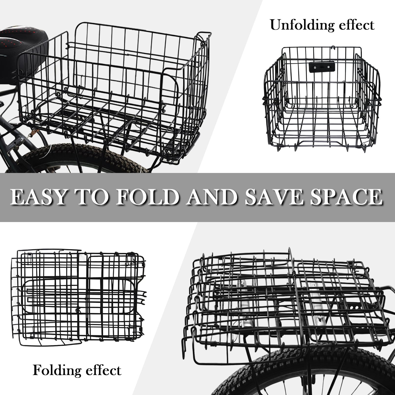 Rear Bike Basket - Foldable & Detachable Metal Bicycle Cargo Rack with Adjustable Strap & Reflective Tail Light - Universal Fit for Most Bike Racks - Perfect for Grocery Shopping, Commuting & Outdoor Adventures