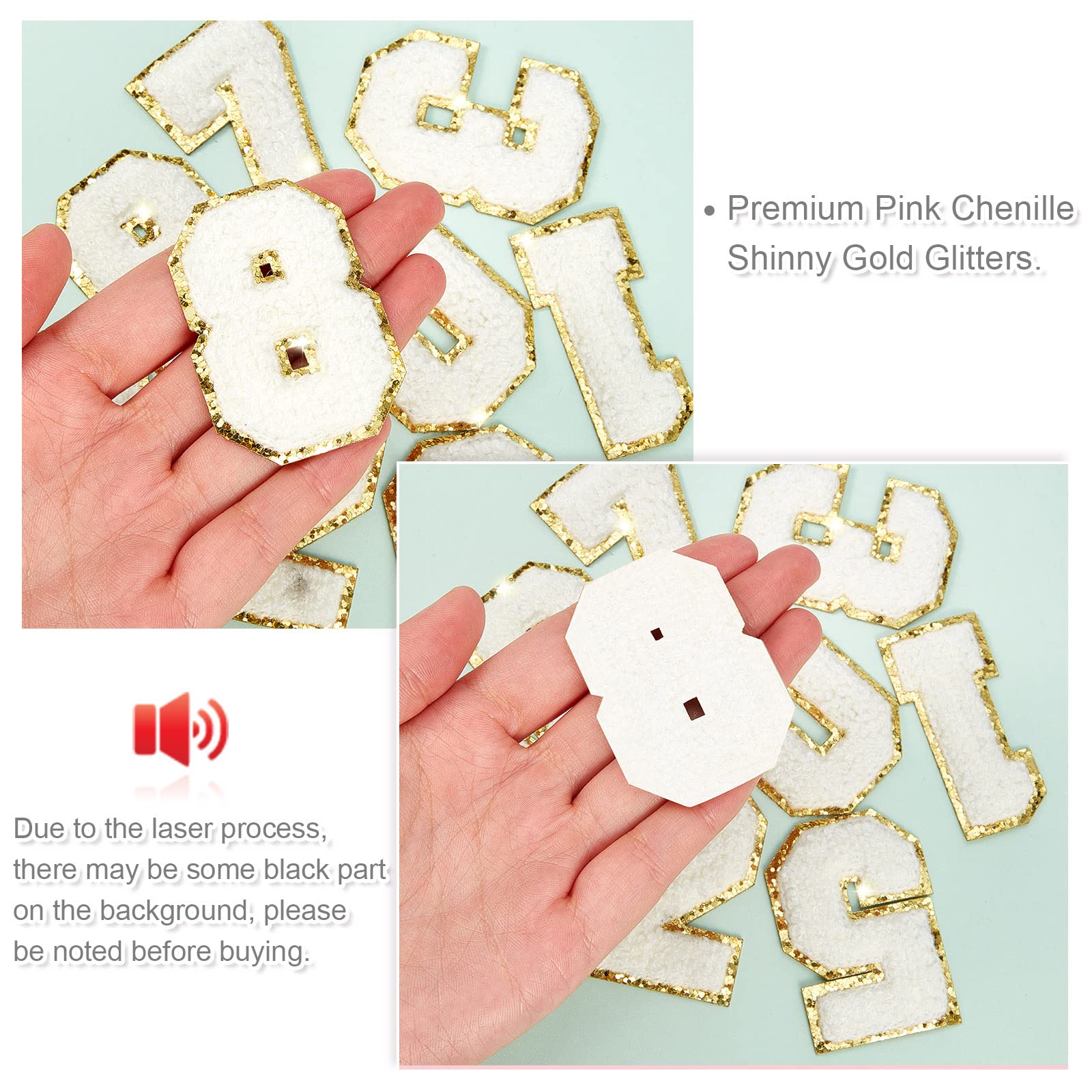 30 Pieces White Chenille Iron-On Number Patches for Jackets - DIY Embroidery Applique for Jersey, Fabric & Crafts - Glitter Sew-On Numbers for Sports Uniforms, Team Jerseys & DIY Decor