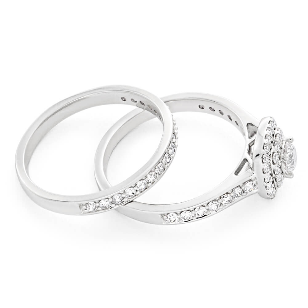 9ct White Gold 2 Ring Bridal Set With 65 Diamonds (1 Carat Total) - Elegant Wedding & Engagement Ring Set for Brides, Perfect for Proposals, Anniversaries & Special Occasions