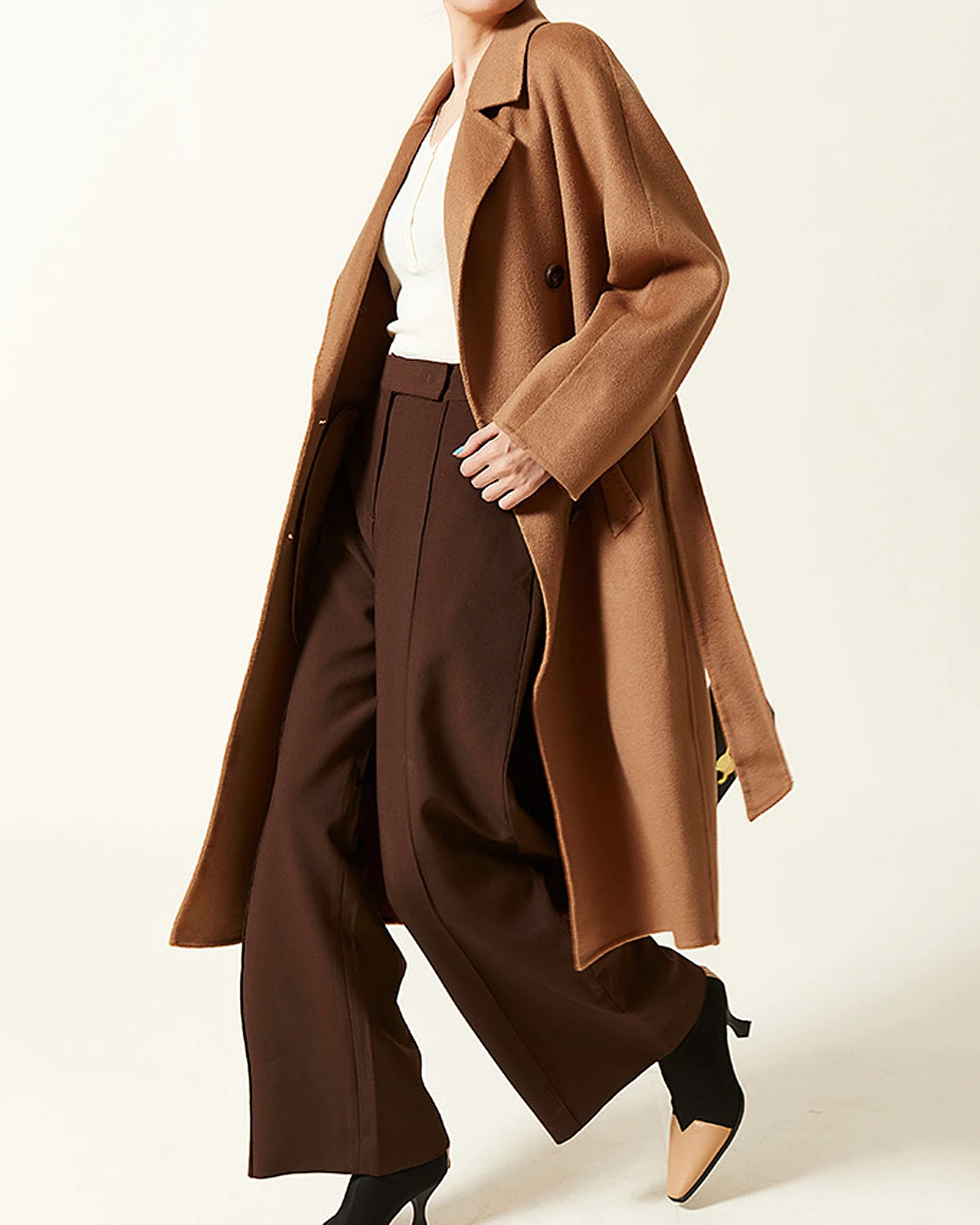 Double Breasted Belted Wool Coat for Women - Classic Winter Trench Coat with Belt - Warm & Stylish Outerwear for Office, Travel & Formal Occasions