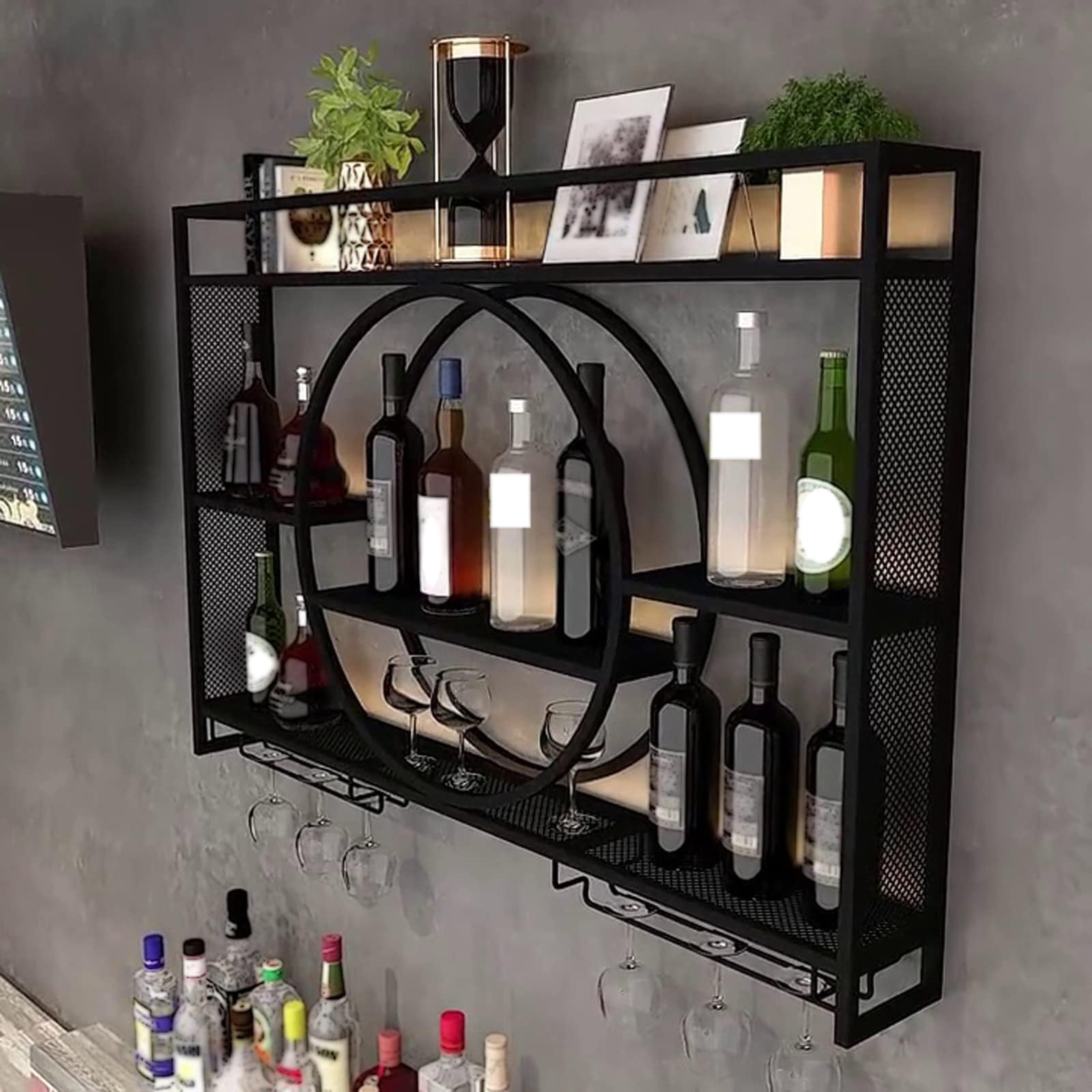 Wall Mounted Wine Rack - 3-Tier Large Capacity Metal Hanging Wine Storage Shelf with Glass Holder - Round Design for Kitchen, Living Room, Home Bar - Perfect for Entertaining Guests & Displaying Your Wine Collection (Black, 39.3 Inch/100cm)