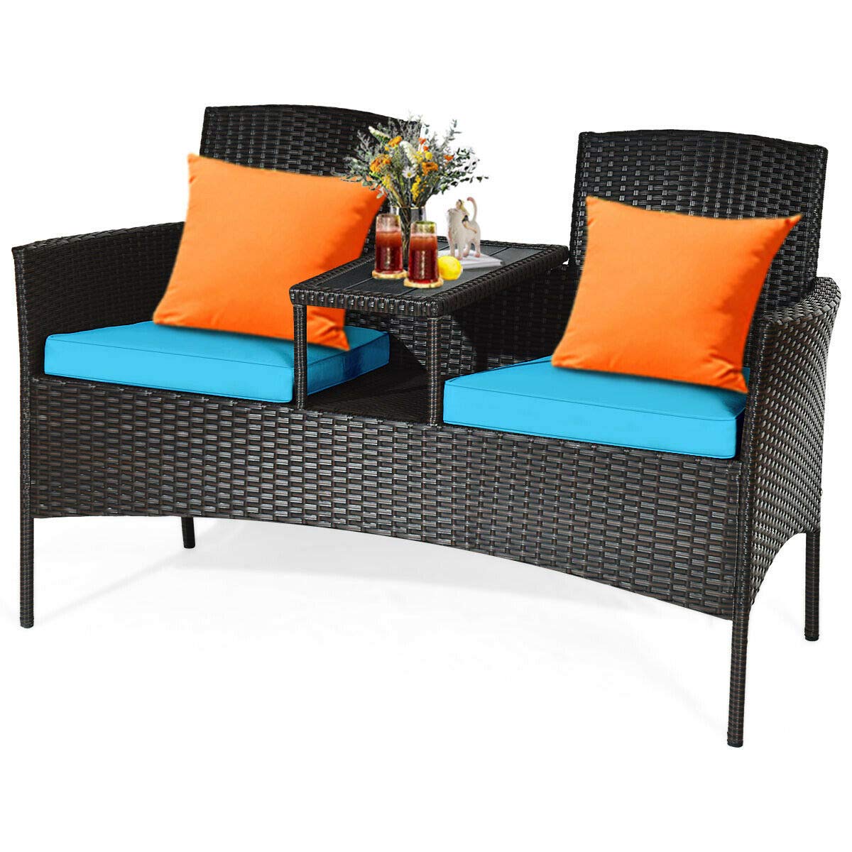 Relax4Life Rattan Wicker Outdoor Loveseat Set with Coffee Table & Removable Cushions - Patio, Garden, Balcony Furniture for Relaxing - Weather-Resistant Brown & Blue Conversation Seating for Backyard, Porch or Lawn