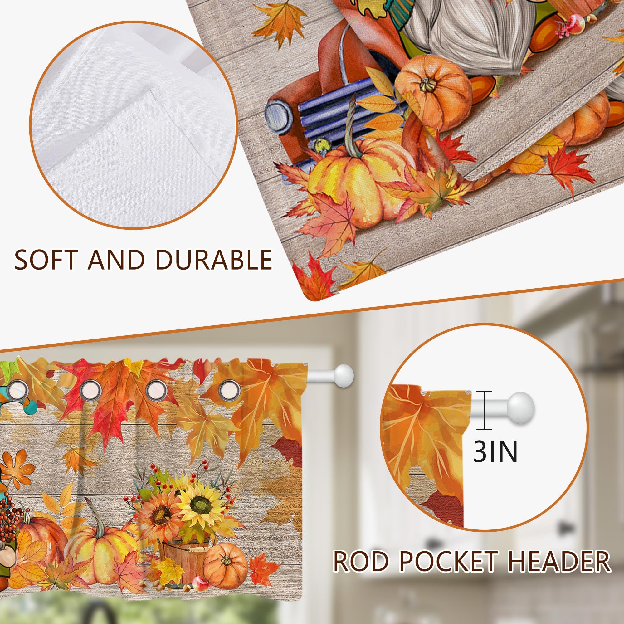 Fall Kitchen Curtains Set of 3 - Farmhouse Gnome, Truck & Pumpkin Harvest Window Curtains 36 Inch Length - Thanksgiving Home Decor for Cozy Autumn Kitchen