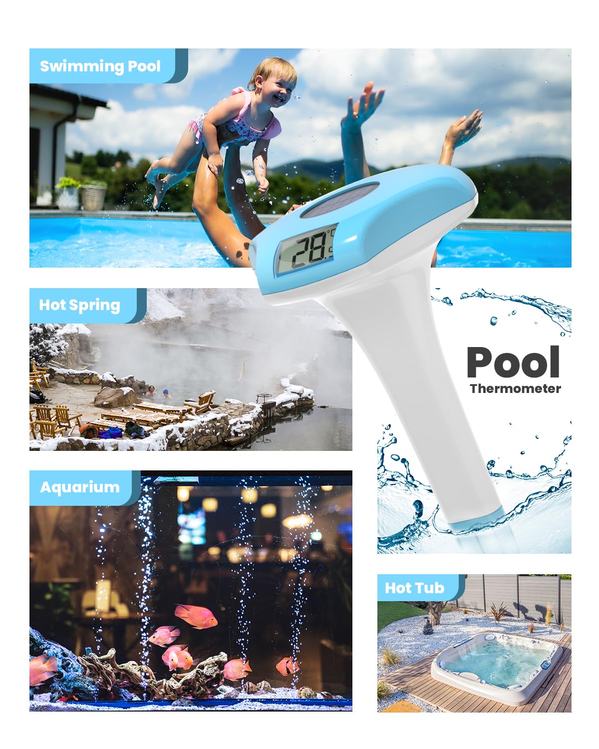 BALDR Digital Pool Thermometer Floating - Easy Read Solar Thermometer with Large Display, IPX8 Waterproof, ±1.8℉ Accuracy for Hot Tubs, Cold Plunge Pools, Swimming Pools, Spas & Backyard Water Features (Blue)