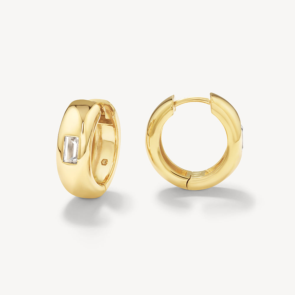 White Topaz Baguette Curve Huggie Earrings in 14K Gold - Elegant Everyday Jewelry for Women