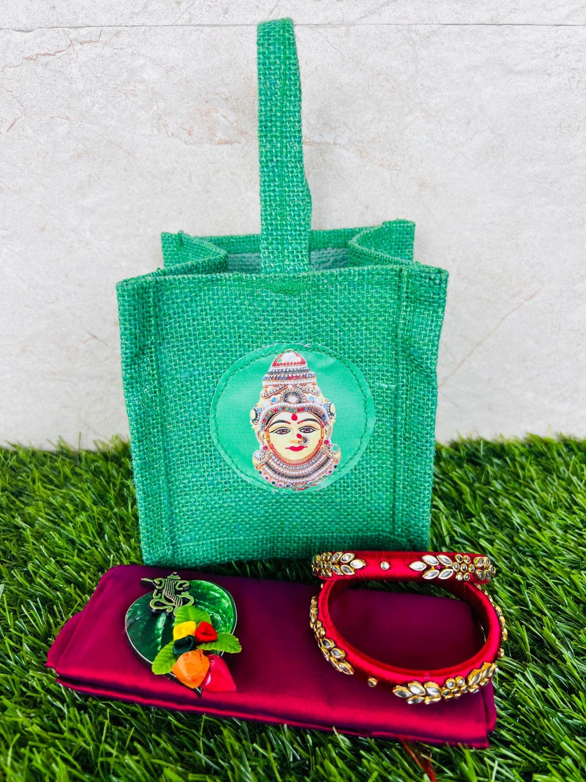 Eco-Friendly ARC Jute Bags with Varalakshmi Print - 5-Piece Set Includes Thread Bangles, Blouse Fabric & Betel Leaf Haldi Kumkum - Perfect for Hindu Pooja Return Gifts, Wedding Favors & Festival Giveaways | Sustainable Jute Thamboolam Bags for Religious Ceremonies & Cultural Events