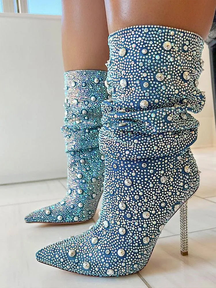 Women's Chelsea Embellished Denim Boots - Stylish Ankle Boots with Rhinestone Decor for Casual Outfits & Night Out | Perfect for Fall Fashion, Date Nights & Office Wear